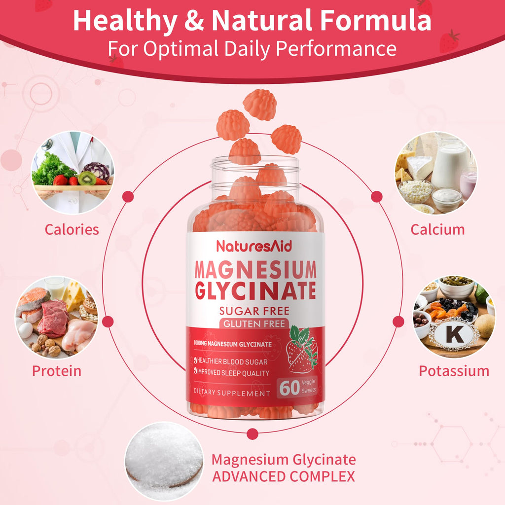 Magnesium Glycinate Gummies 1000mg - Sugar Free Calm Mood & Sleep Support (120 Strawberry Gummies) - 2 Pack