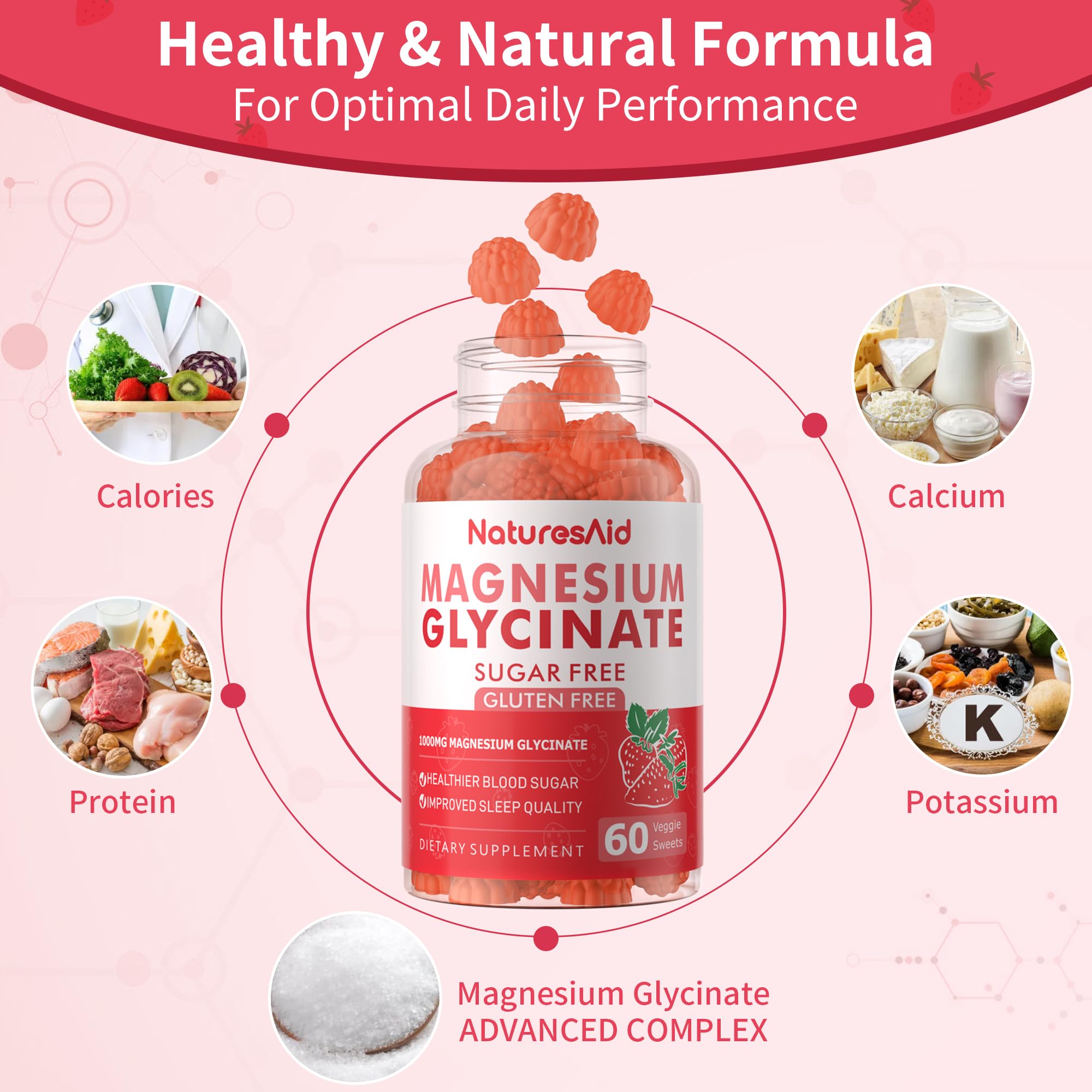 Magnesium Glycinate Gummies 1000mg - Sugar Free Calm Mood & Sleep Support (120 Strawberry Gummies) - 2 Pack