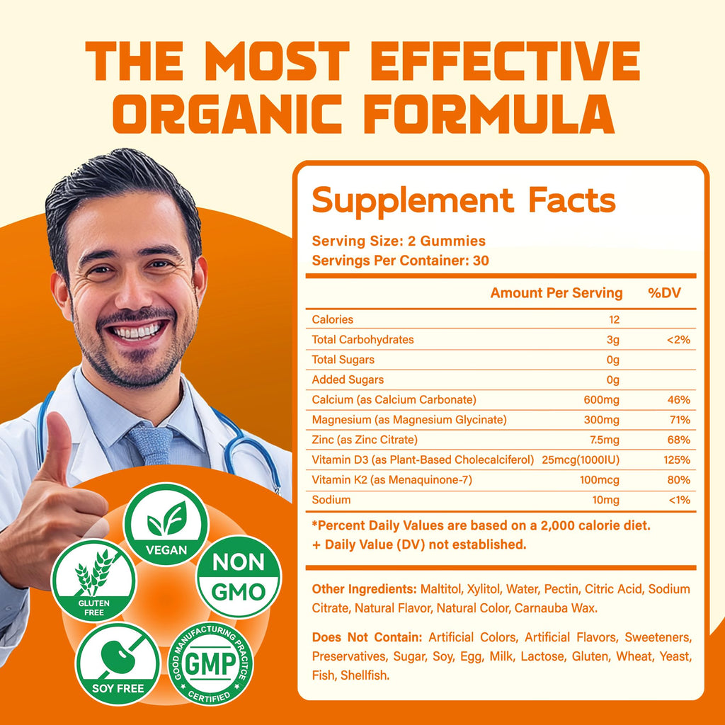 Magnesium Glycinate Gummies 1000mg | Sugar Free Magnesium Potassium with Vitamin D, B6, CoQ10 - 60 Orange Gummies