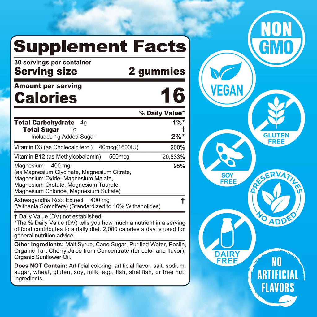 Magnesium Gummies 400mg - 8-in-1 Magnesium Complex with Ashwagandha, D3 & B12 | Vegan 60 Ct