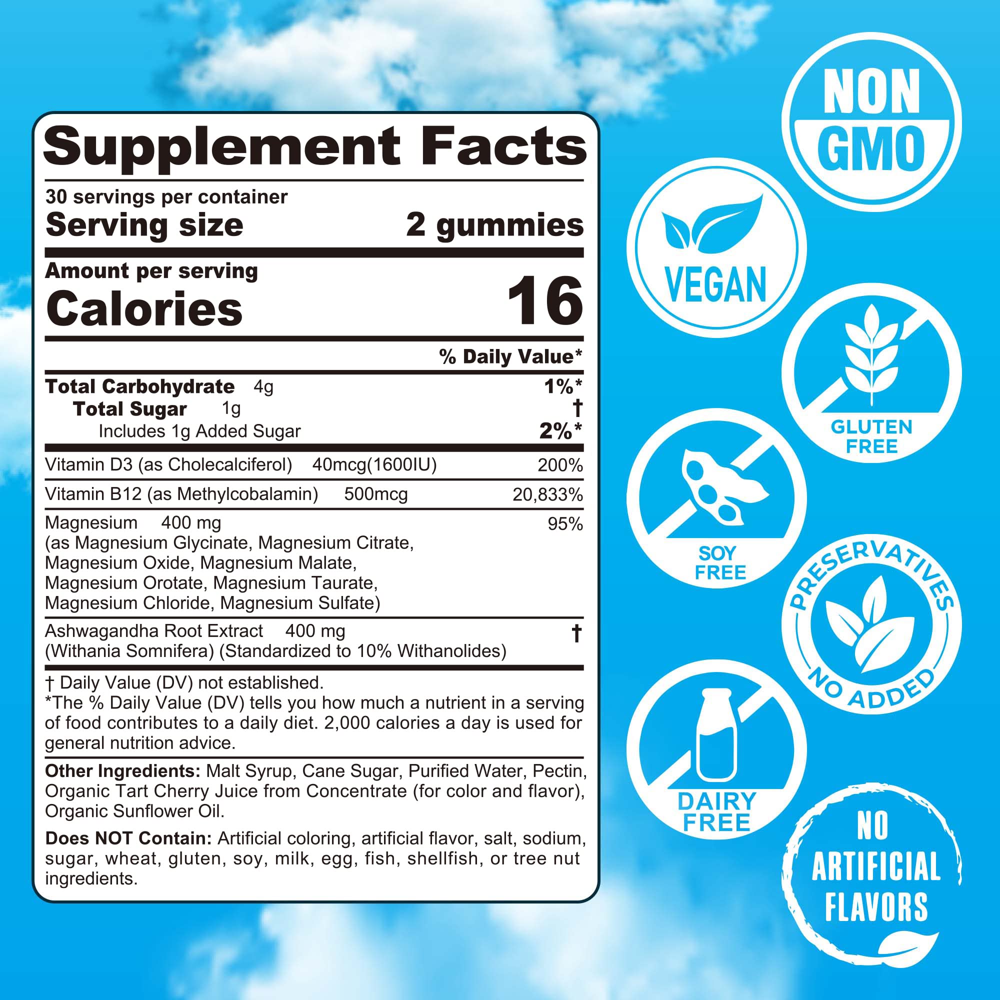 Magnesium Gummies 400mg - 8-in-1 Magnesium Complex with Ashwagandha, D3 & B12 | Vegan 60 Ct
