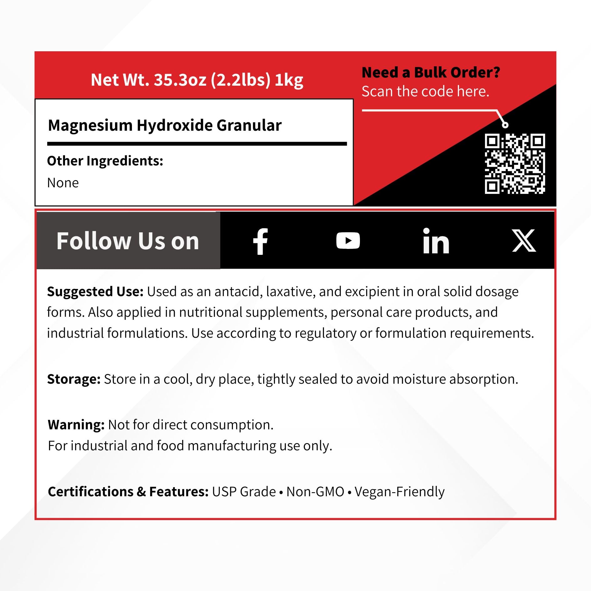 Magnesium Hydroxide USP Granular – Bulk 1 kg (2.2 lb) – Pharmaceutical Grade Excipient
