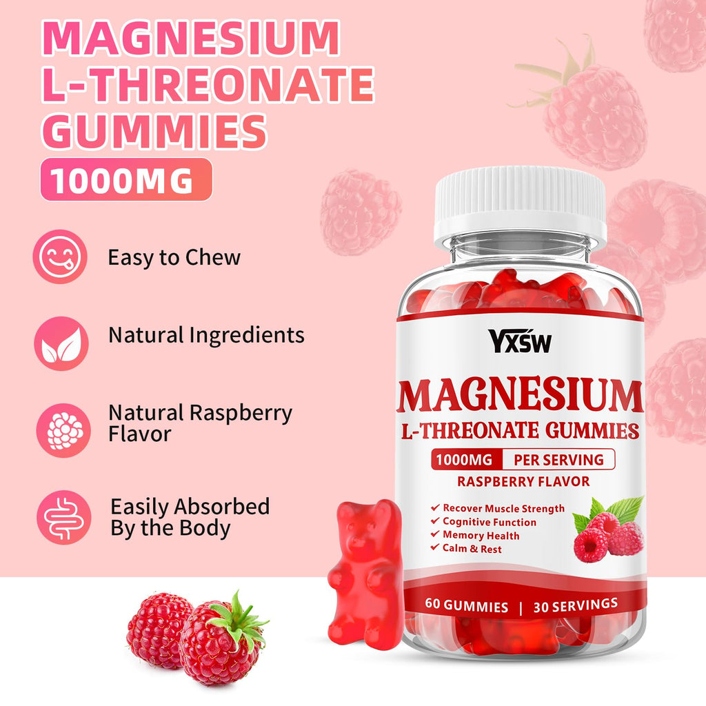 Magnesium L-Threonate Gummies 1000mg – Sugar-Free Raspberry, 120 Count | Nervous System & Muscle Support