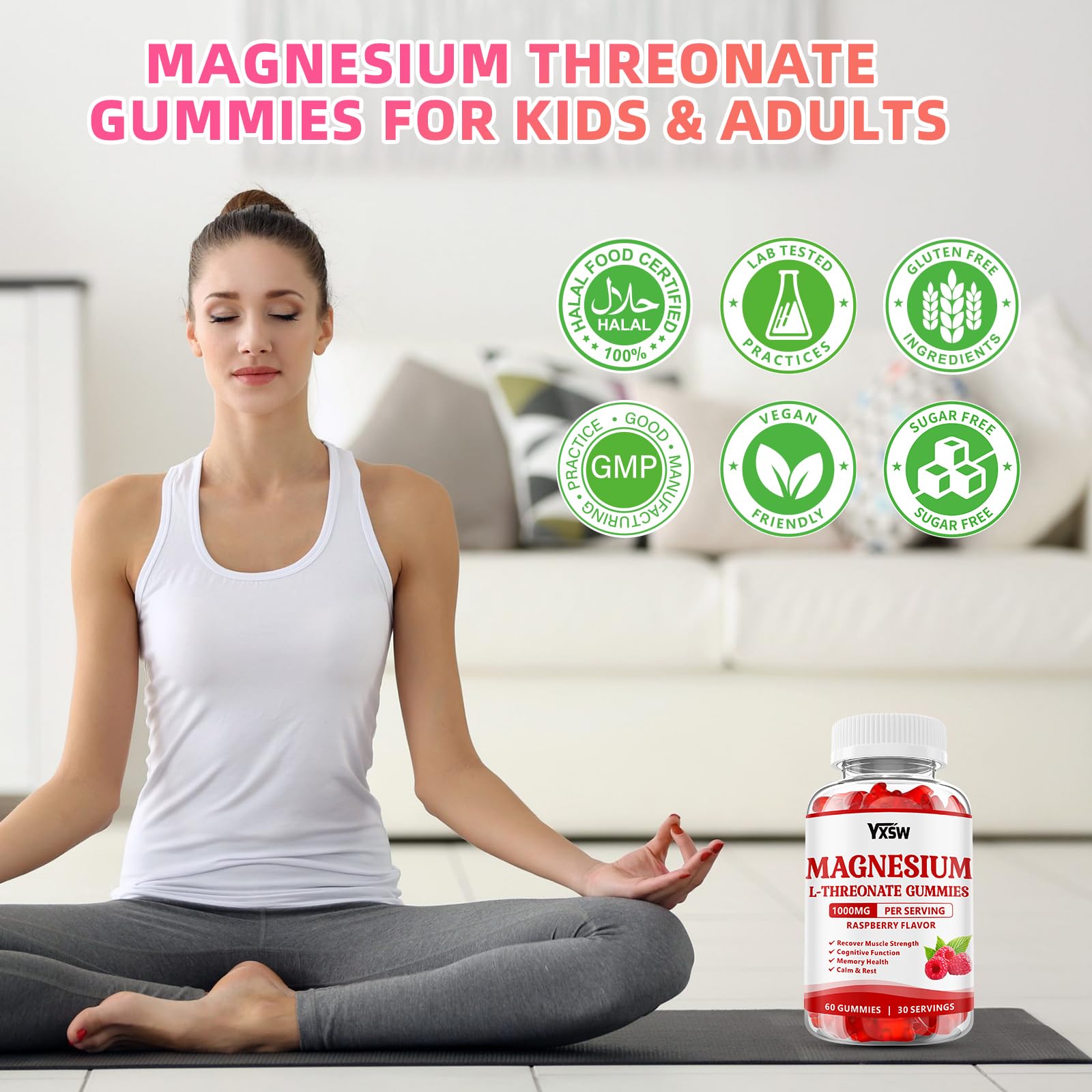 Magnesium L-Threonate Gummies 1000mg – Sugar-Free Raspberry, 120 Count | Nervous System & Muscle Support