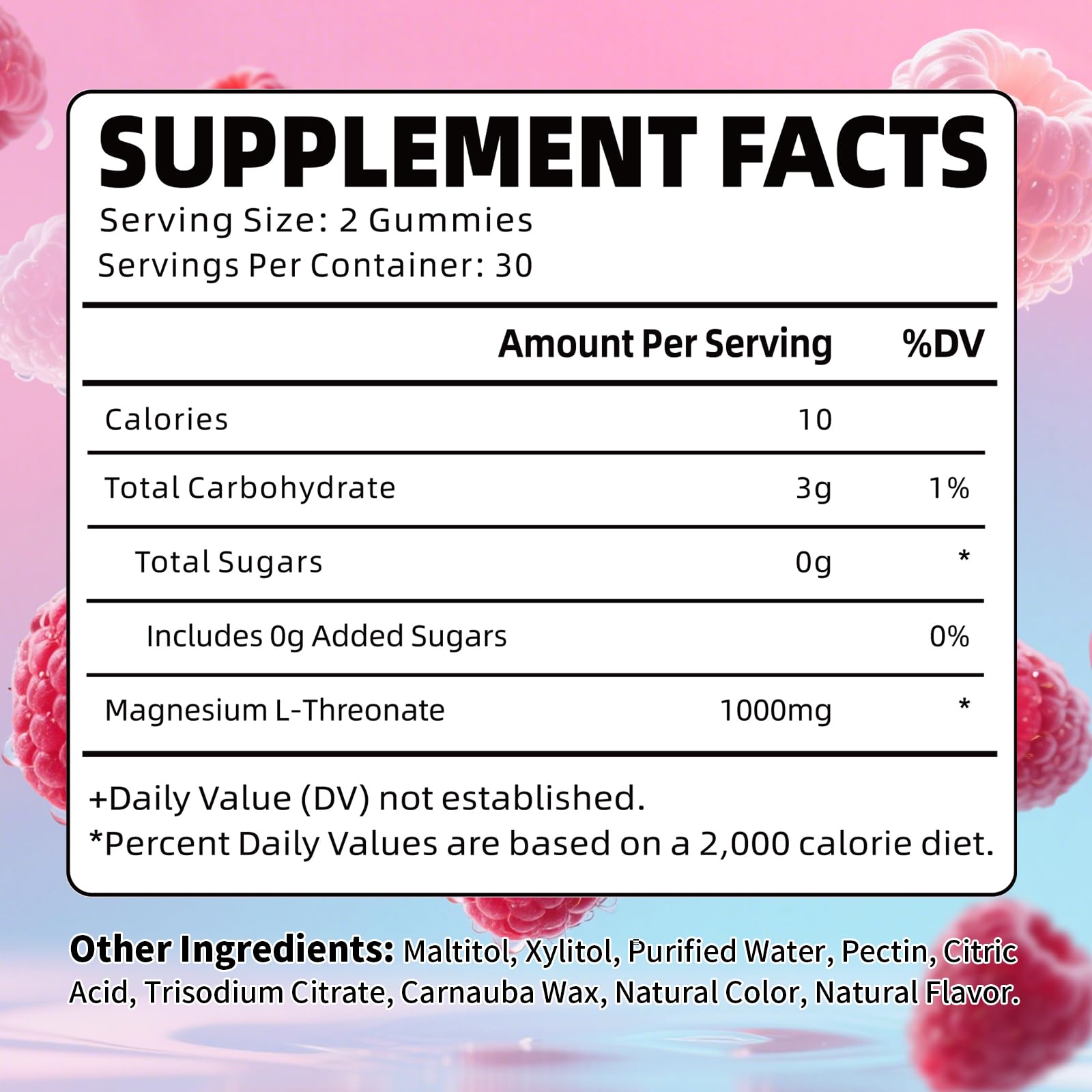Magnesium L-Threonate Gummies – Sugar-Free 1000mg, Raspberry Flavor, 60 Count for Kids & Adults