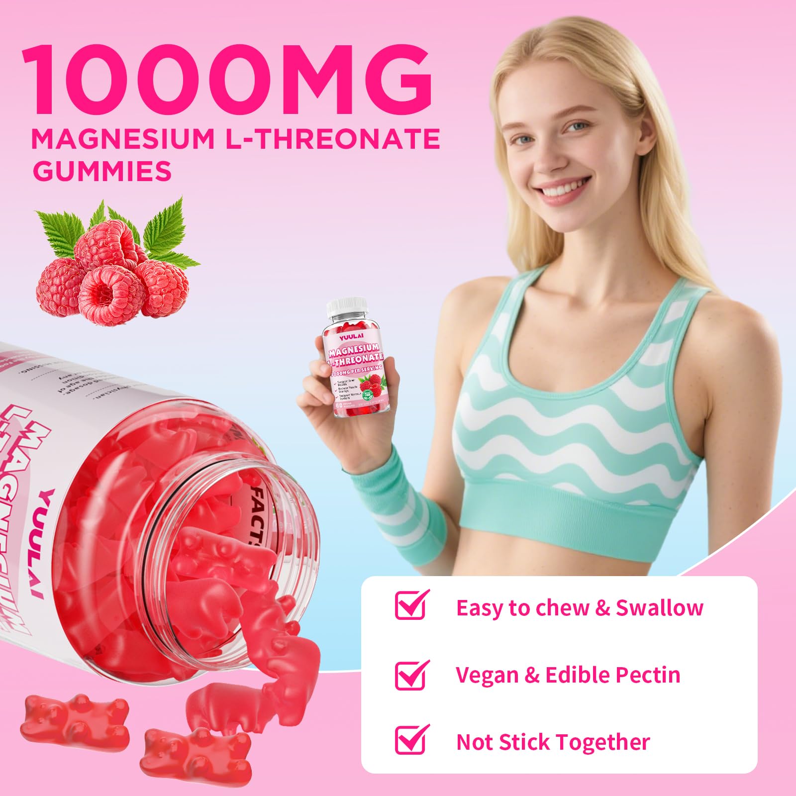 Magnesium L-Threonate Gummies – Sugar-Free 1000mg, Raspberry Flavor, 60 Count for Kids & Adults