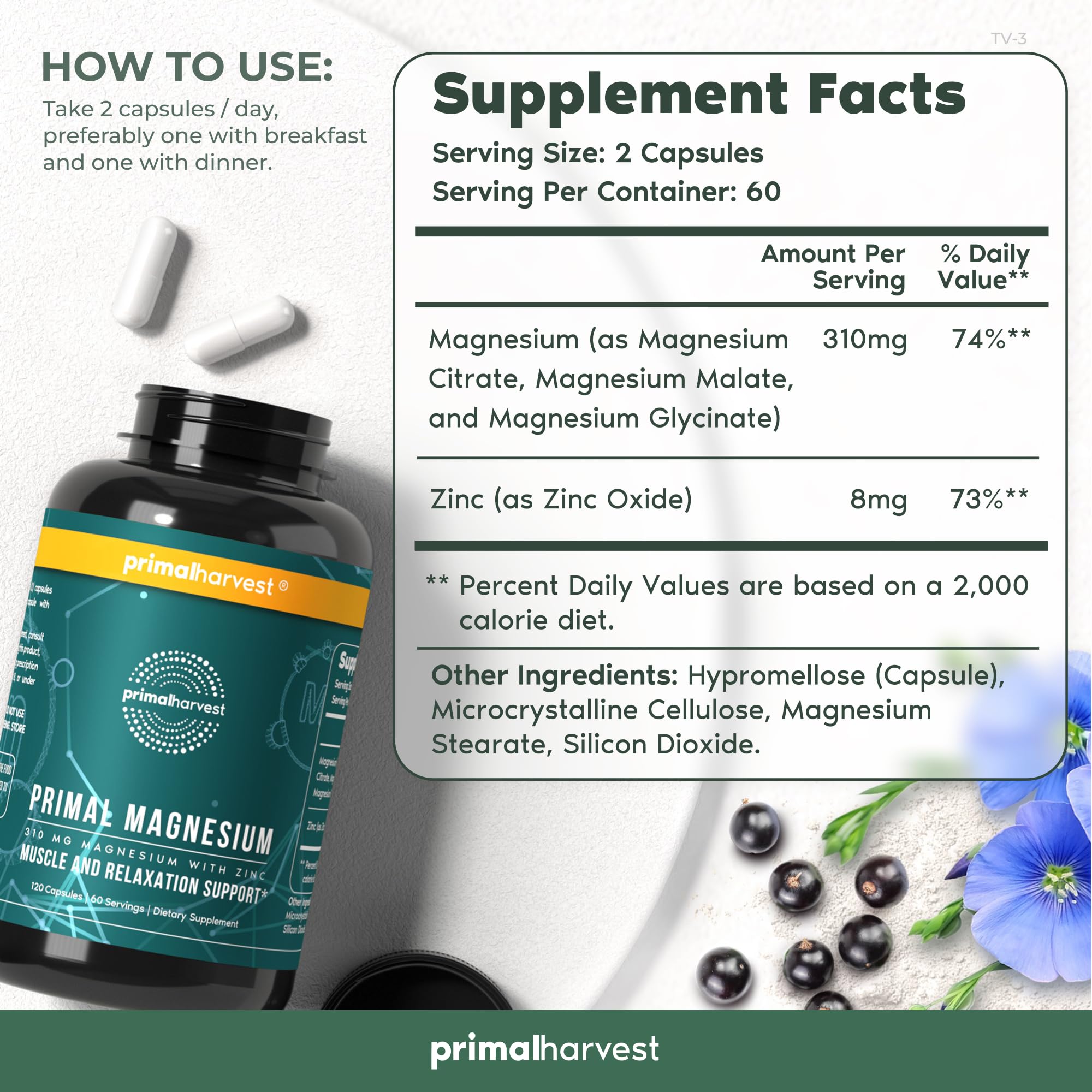 Magnesium Supplement Complex 310mg by Primal Harvest – Glycinate, Citrate, Malate & Zinc | 120 Capsules