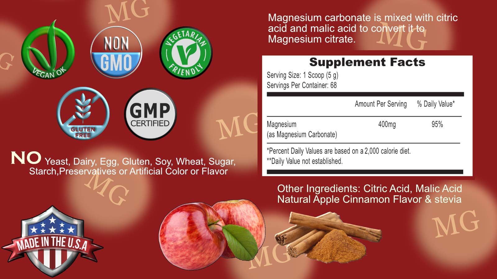 Magnesium Supreme Apple Cinnamon - Sleep & Stress Support | Non-GMO, Gluten Free, Vegan 12oz (68 Servings)