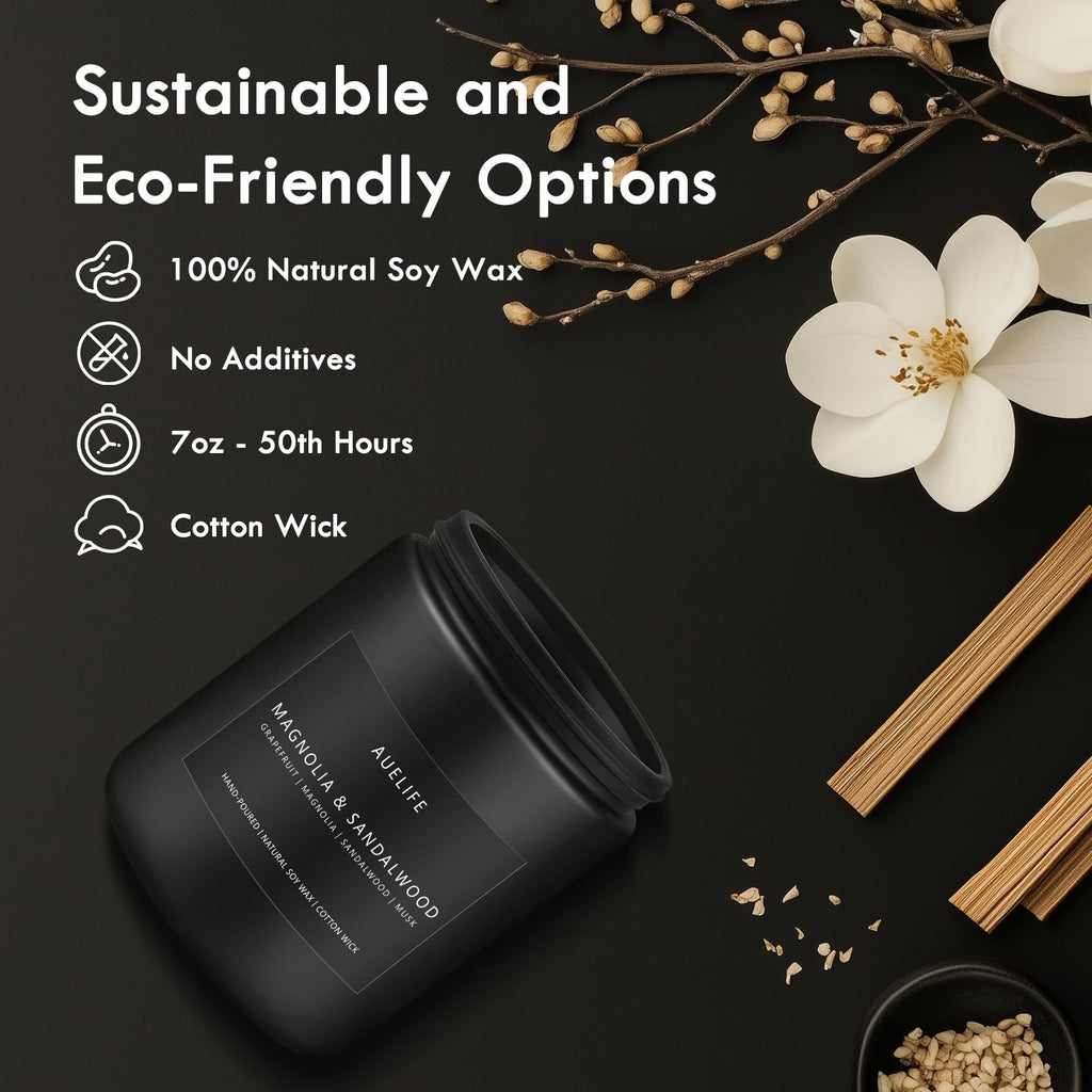 Magnolia & Sandalwood Candle | Masculine Soy Candle for Men | 7oz Black Jar