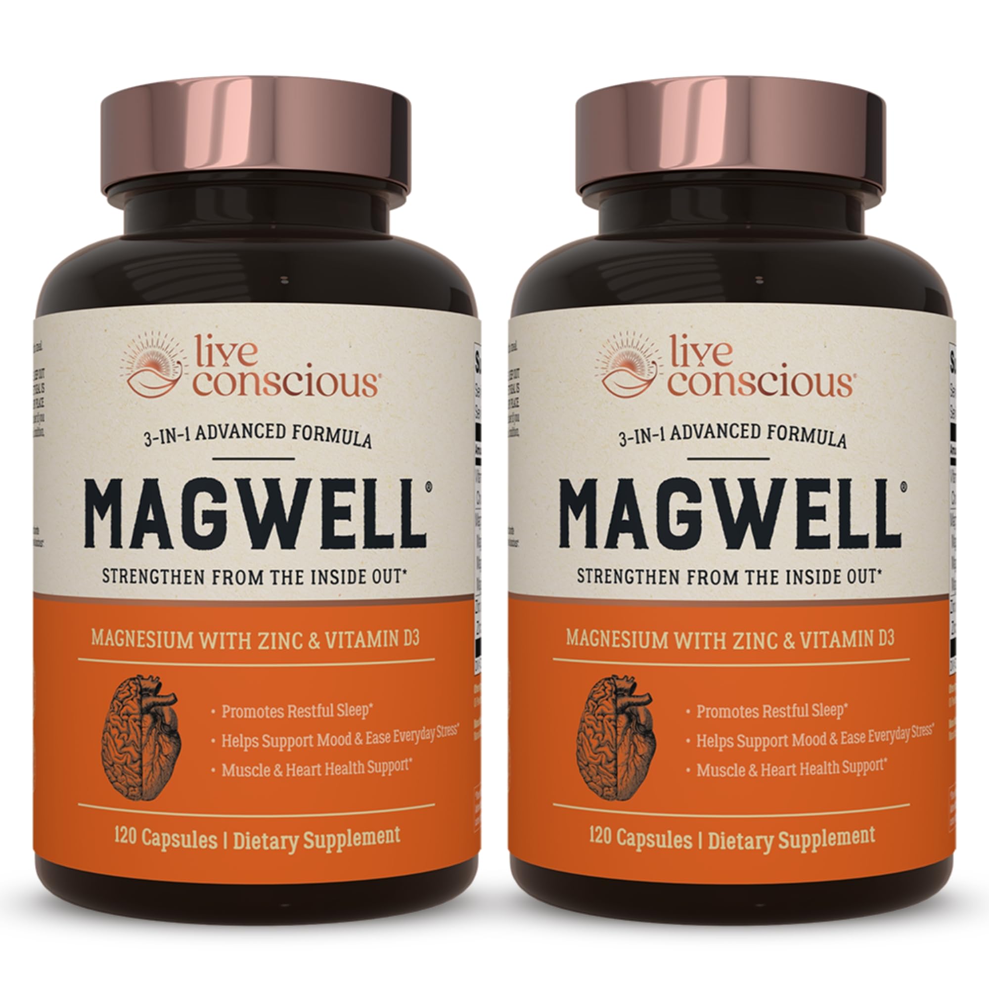 Live Conscious Magnesium Zinc & Vitamin D3 - Bioavailable Forms of Magnesium - Malate, Glycinate, Citrate - MagWell Bone & Heart Health, Immune System Support - 120 Capsules (2-Pack)