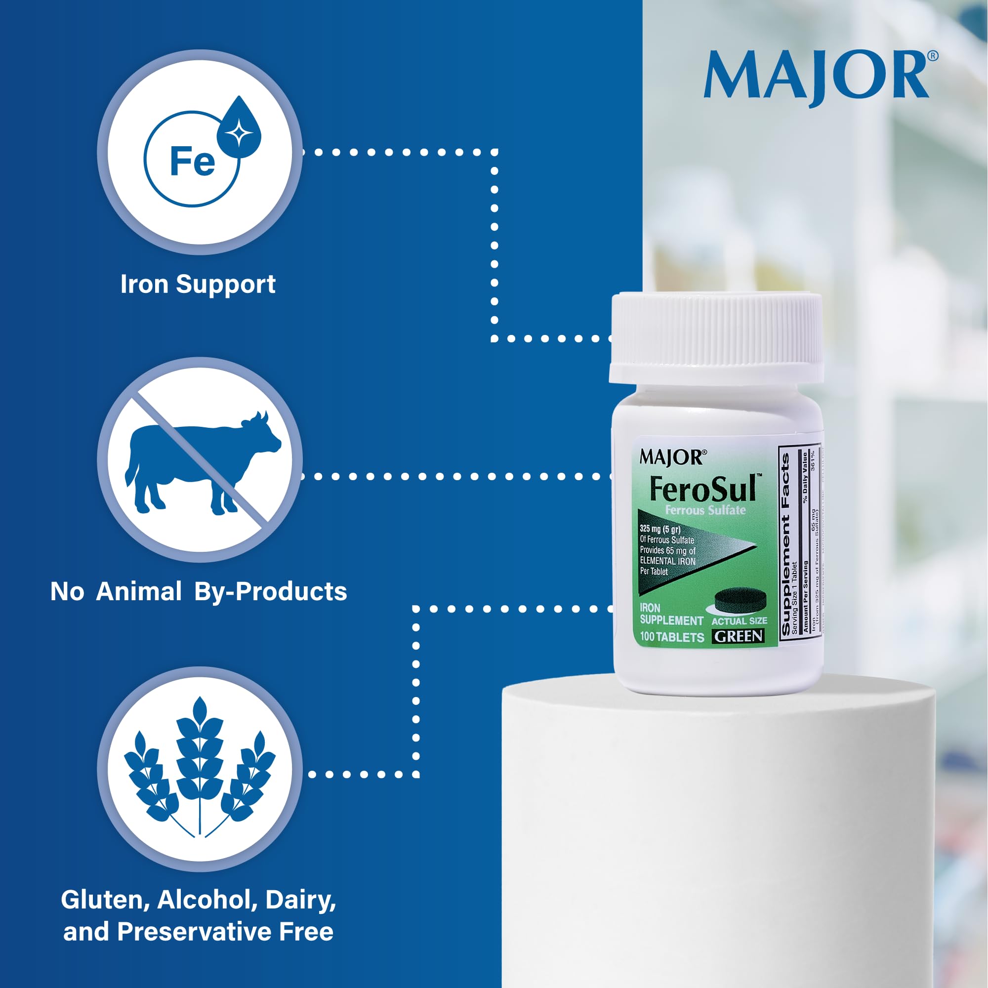 Major Ferosul 325mg Ferrous Sulate – Green Tablets (100 ct)