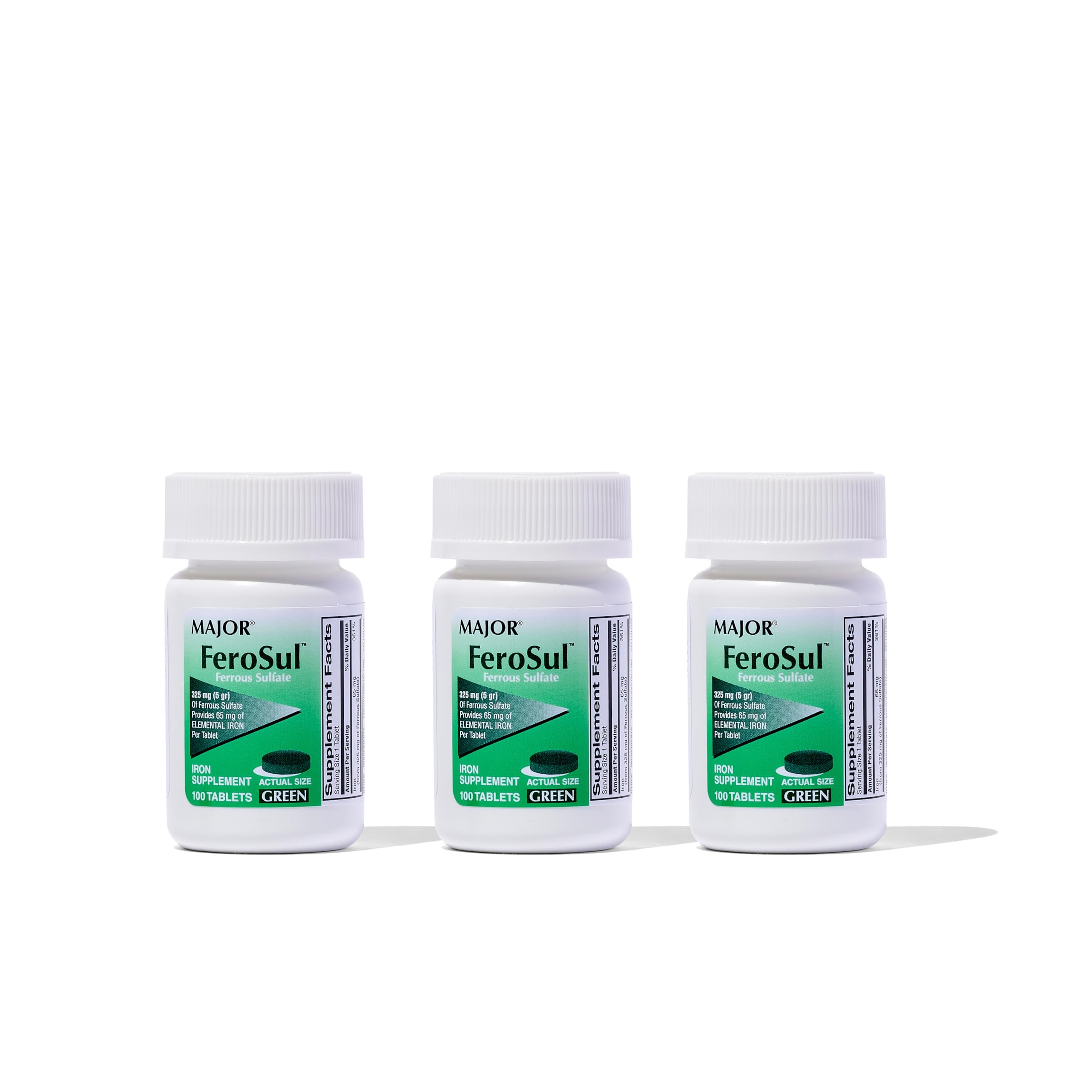 Major Ferosul Ferrous Sulfate 325mg - 65mg Elemental Iron | Iron Supplement for Women & Men - Green 100 Tablets (3 Pack)