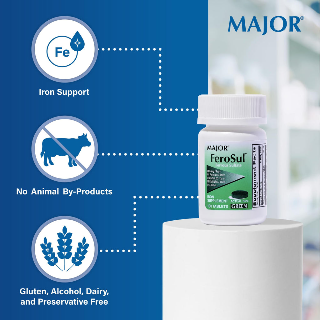Major Ferosul Ferrous Sulfate 325mg - 65mg Elemental Iron | Iron Supplement for Women & Men - Green 100 Tablets (3 Pack)
