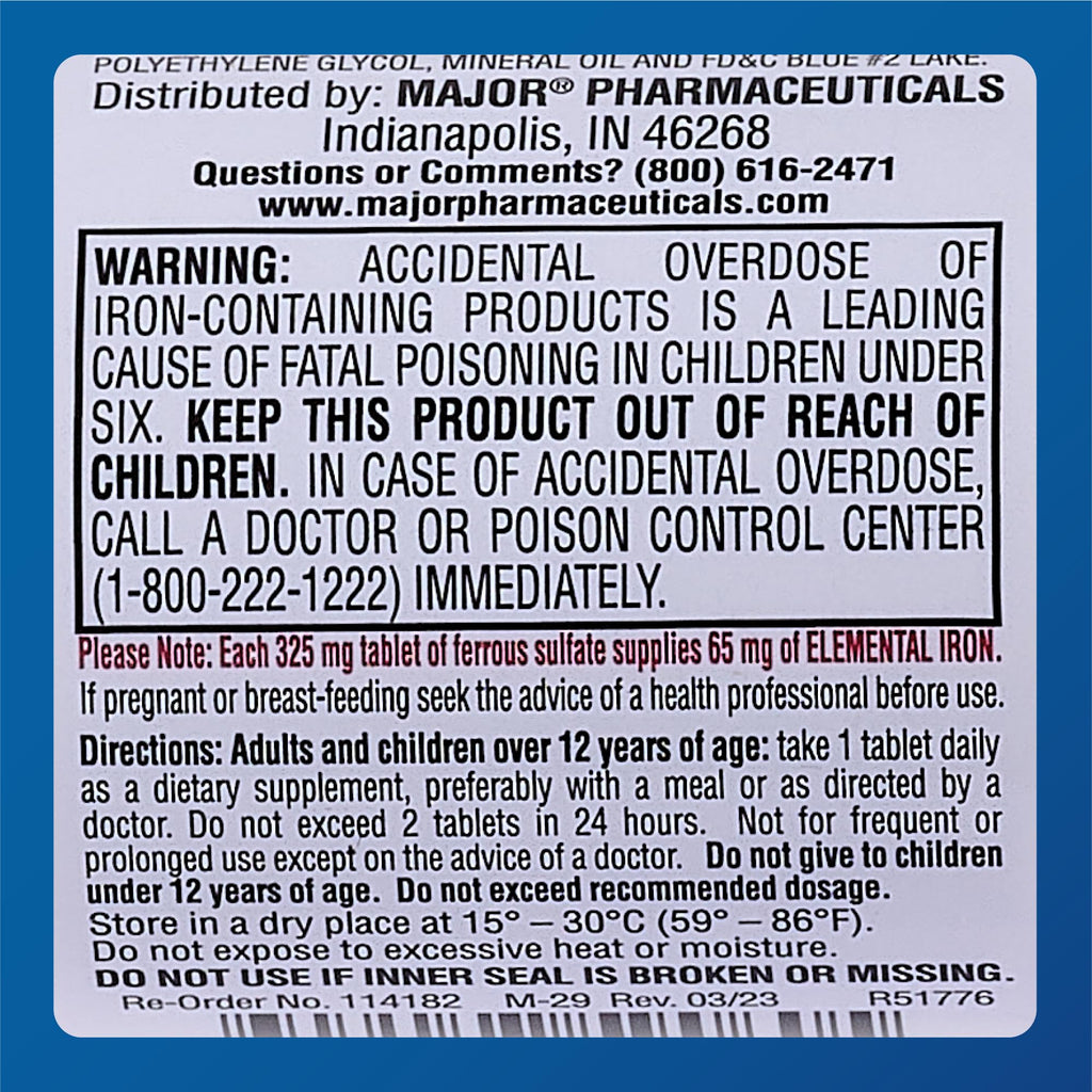 Major Ferosul Ferrous Sulfate 325mg - 65mg Elemental Iron | Iron Supplement (Red) 100 Count