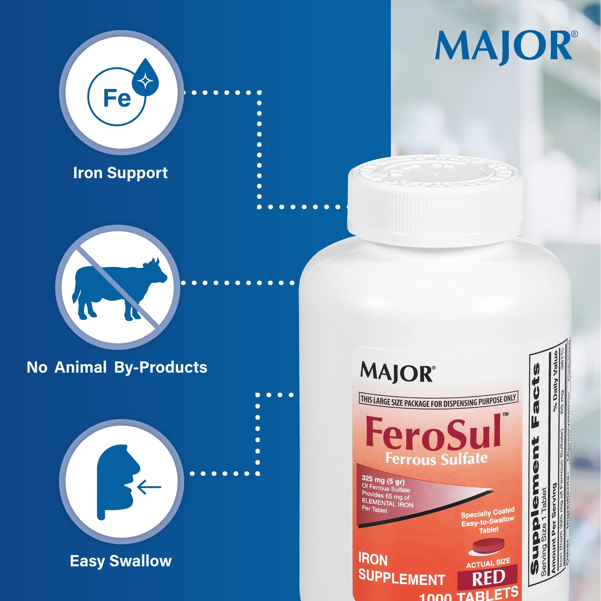 Major Ferosul Ferrous Sulate – 65mg Elemental Iron, 100 Red Tablets, Pack of 1