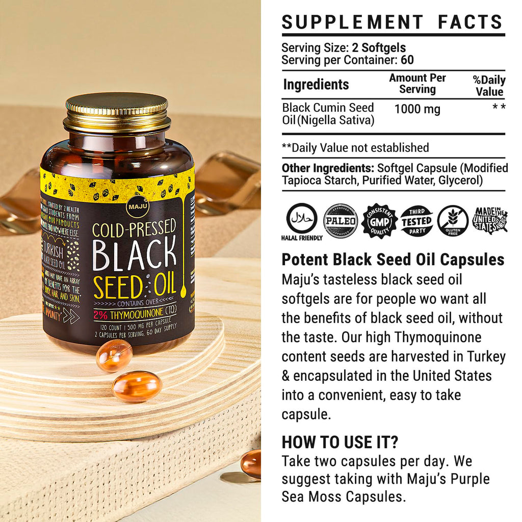 Maju Superfoods Black Seed Oil Capsules – 2% Thymoquinone, 120x500mg, Cold-Pressed Turkish Nigella Sativa (2-Pack)