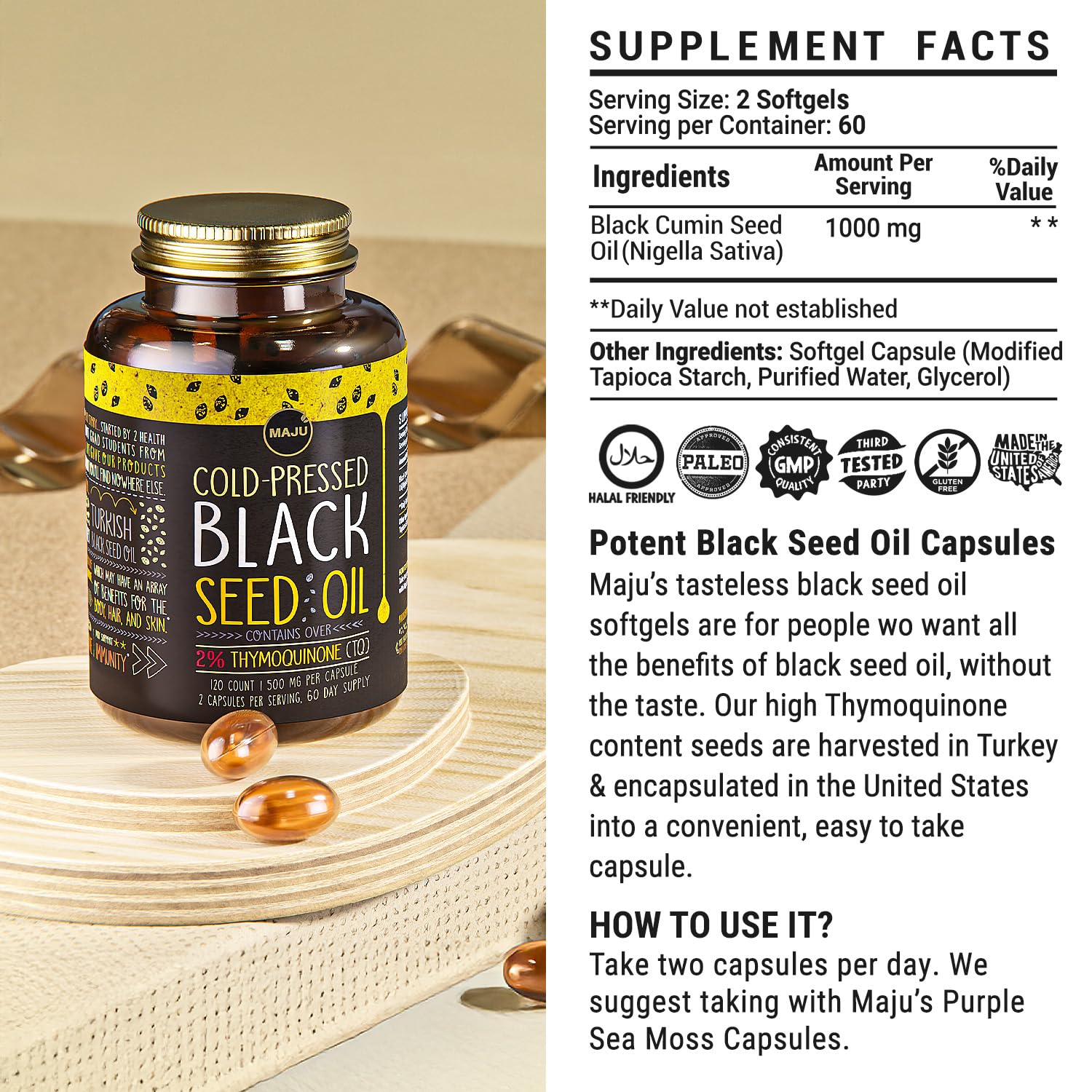 Maju Superfoods Black Seed Oil Capsules – 2% Thymoquinone, 120x500mg, Cold-Pressed Turkish Nigella Sativa (2-Pack)