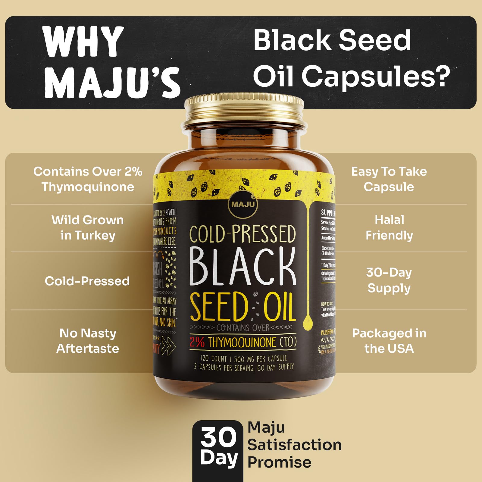 Maju Superfoods Black Seed Oil Capsules – Organic Turkish Nigella Sativa, Cold-Pressed, 2% Thymoquinone, 120 Count (3-Pack)