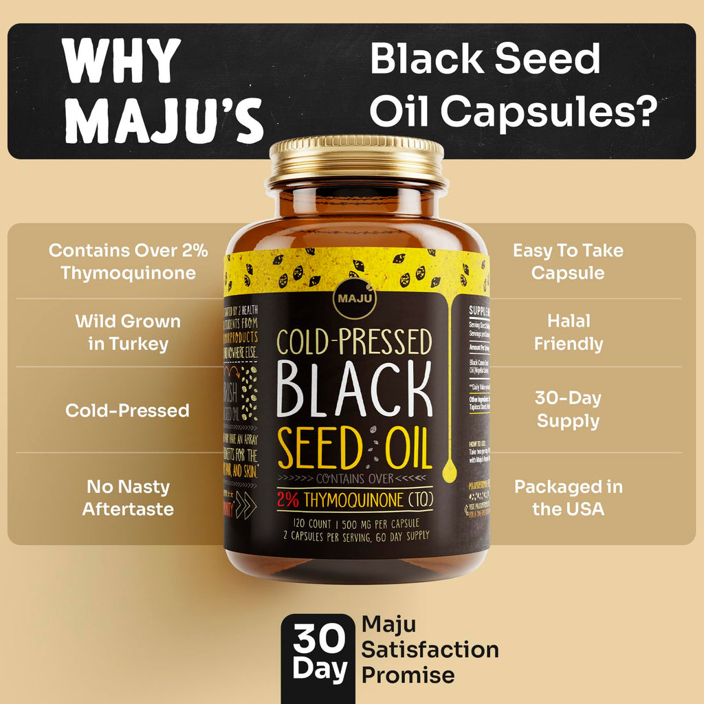 Maju Superfoods Black Seed Oil Capsules – 2% Thymoquinone, 120x500mg, Cold-Pressed Turkish Nigella Sativa (2-Pack)