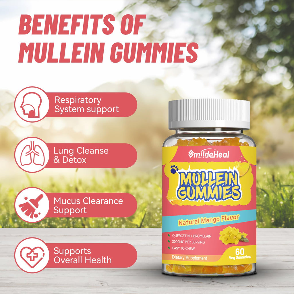 2 Pack Mullein Gummies 3000MG, Sugar Free Mullein Gummies with Bromelain & Quercetin, Mullein Leaf Extract Supplements for Lungs, Vegan, 120 Count