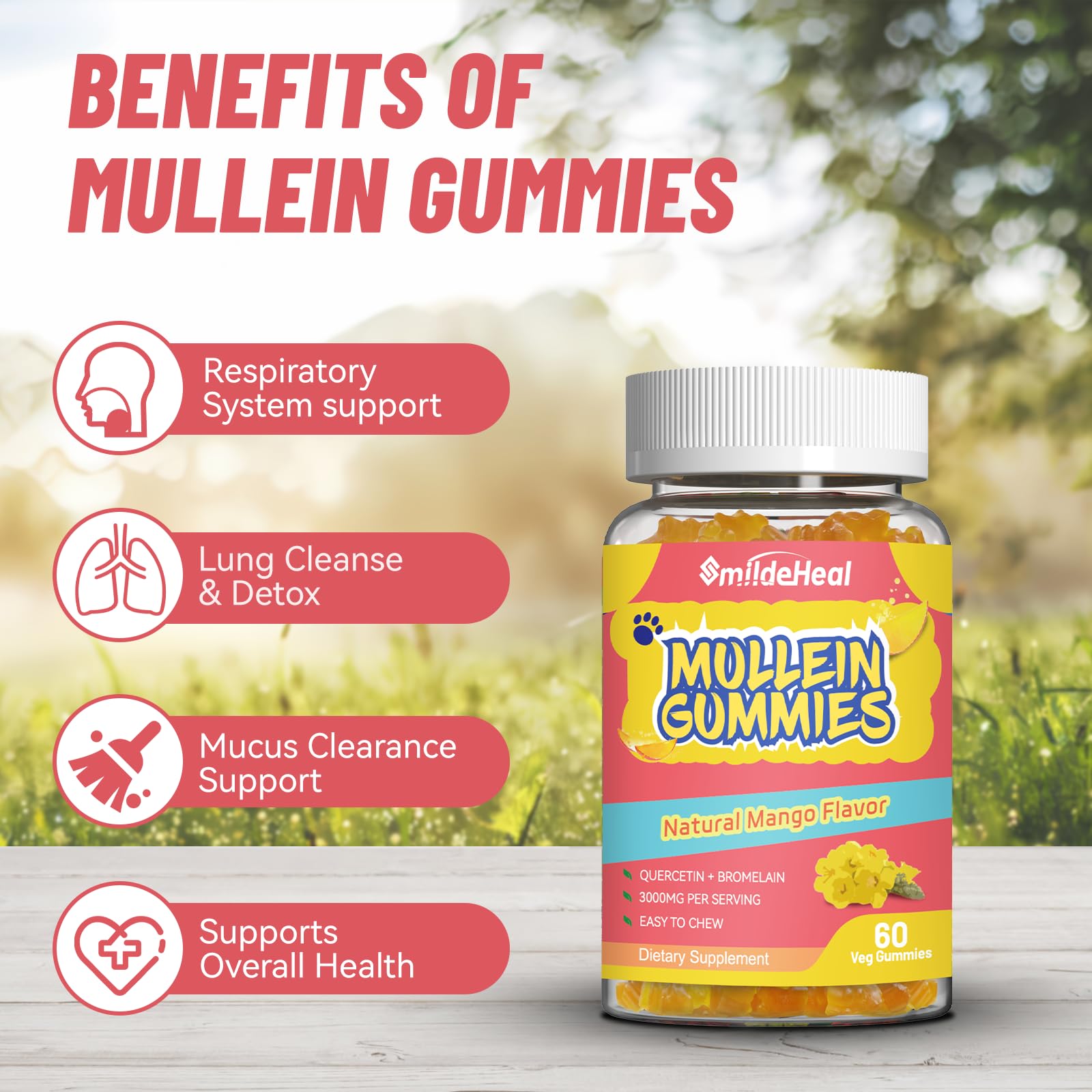 2 Pack Mullein Gummies 3000MG, Sugar Free Mullein Gummies with Bromelain & Quercetin, Mullein Leaf Extract Supplements for Lungs, Vegan, 120 Count