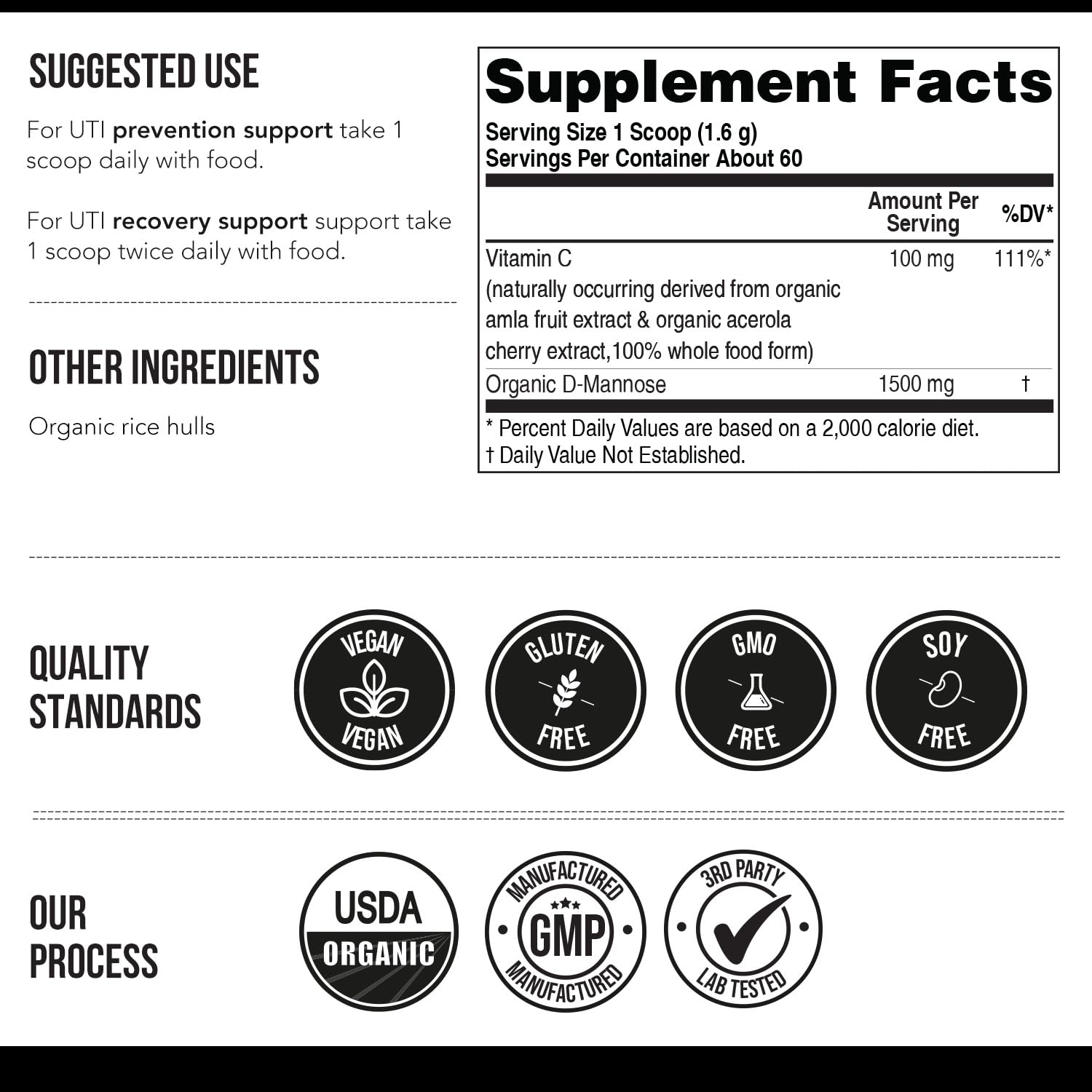 Mannose-C Organic D-Mannose Powder with Whole Food Vitamin C for UTI Health (60 Servings) | Vegan & Non-GMO