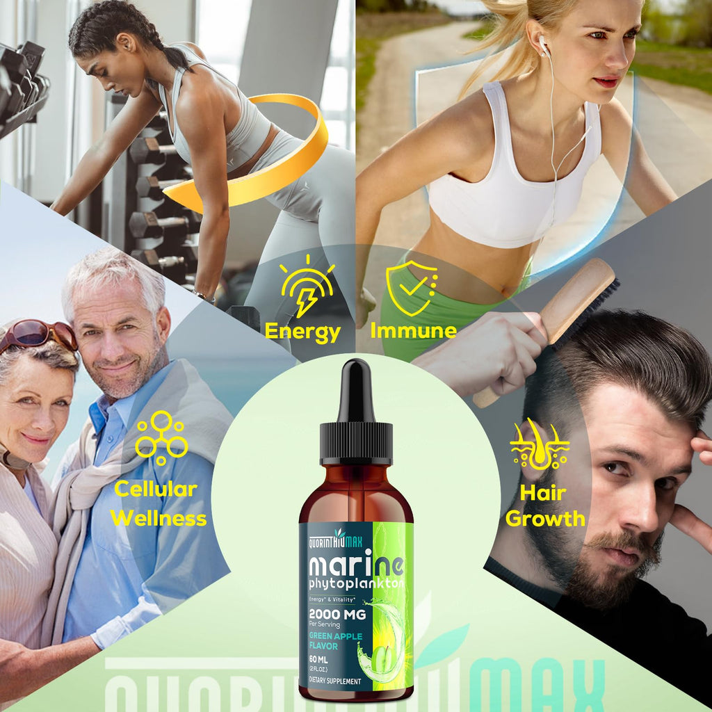 Marine Phytoplankton Drops 2000mg – High Absorption Phytoplankton with Wheatgrass & Fo-ti | Hair Growth, Immunity & Energy | Green Apple Flavor, 2 fl oz (Pack of 1)
