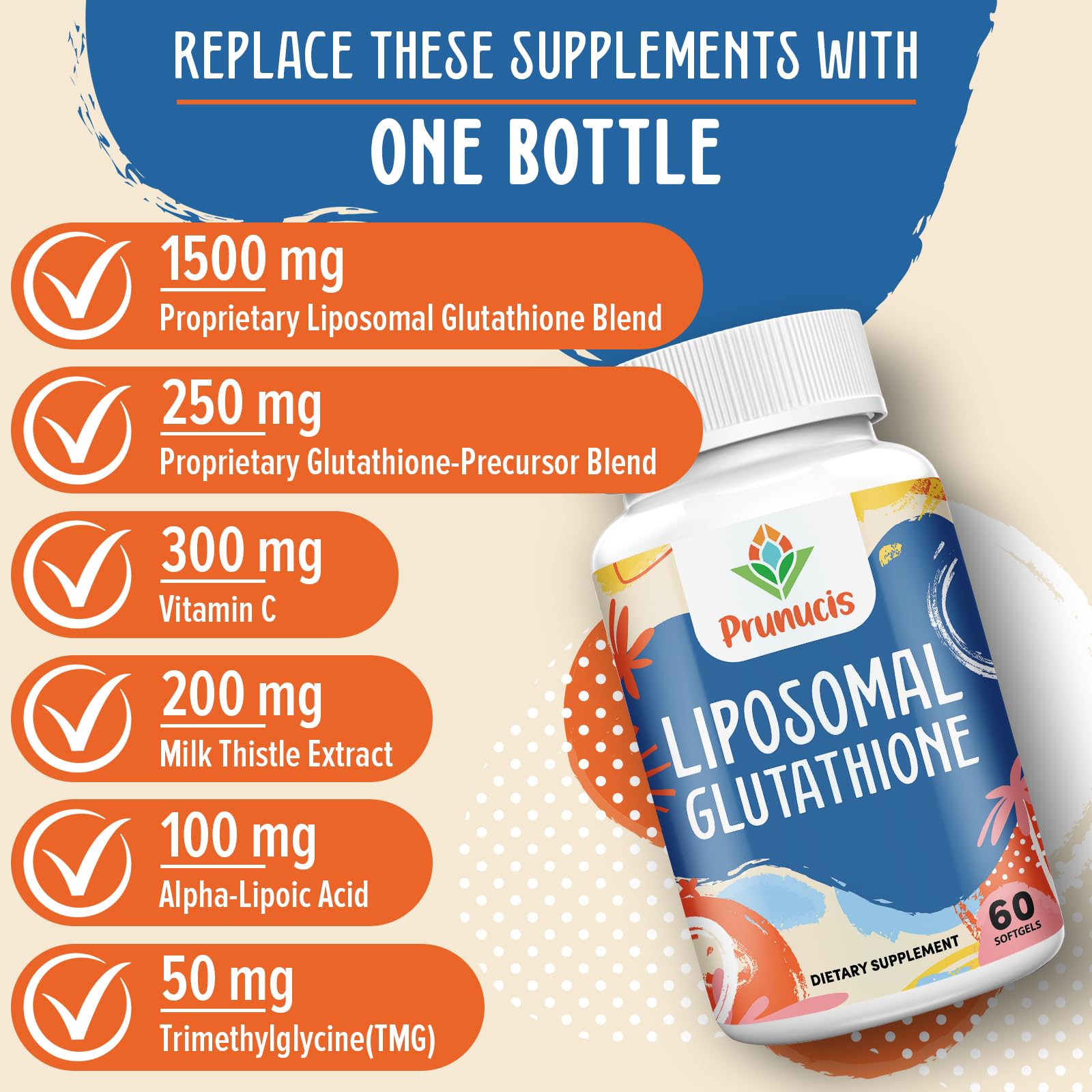 Prunucis 2400MG Liposomal Glutathione with Vitamin C, Milk Thistle & Alpha-Lipoic Acid — 180 Softgels