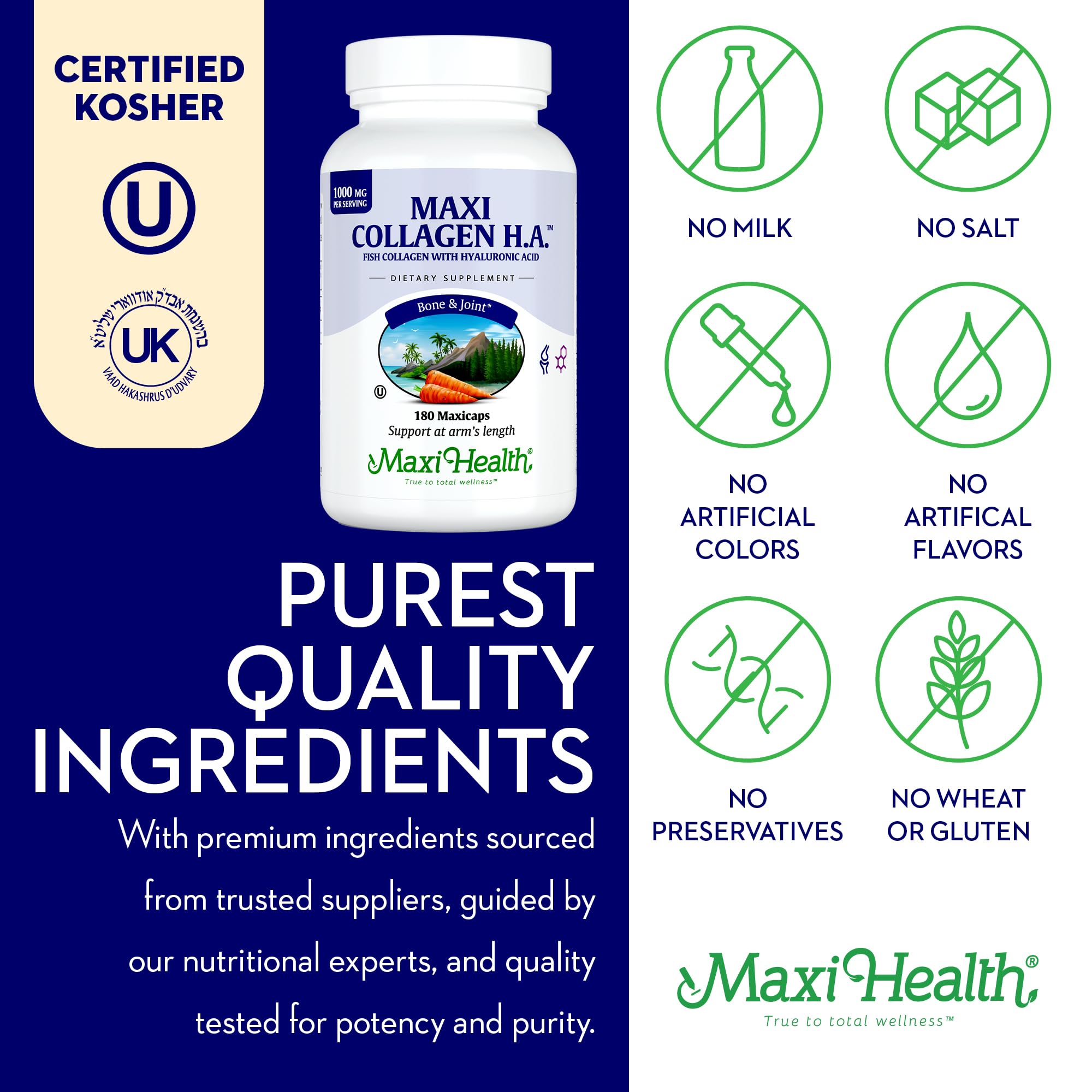 Maxi Health Marine Collagen Pills – 1000 mg Type 1 + Hyaluronic Acid (180 Maxicaps)