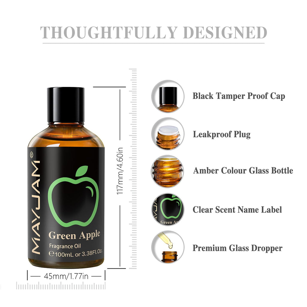 MAYJAM Green Apple Fragrance Oil – 3.38 fl oz (100 mL) with Glass Dropper for Diffusers, Soap & Candle Making