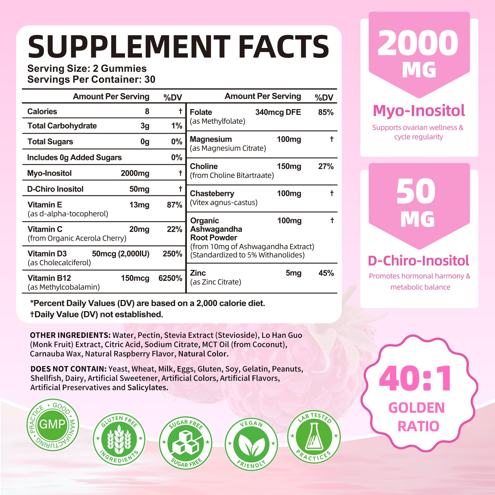 Mchokuu Myo-Inositol & D-Chiro Inositol Gummies – 40:1 Ratio, 2000mg/50mg, Vitamin D3, B12, Raspberry, Sugar Free, 60 Count