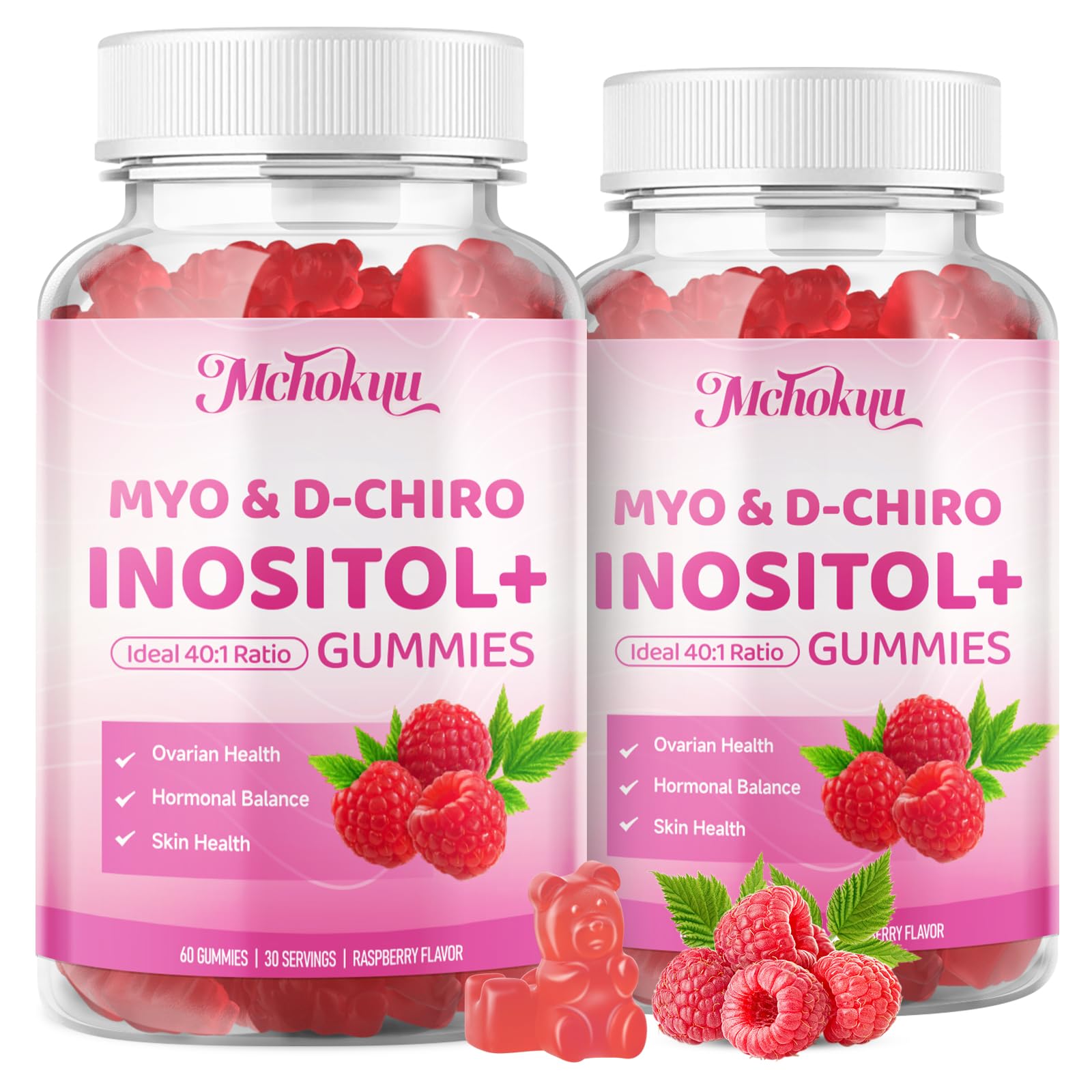Mchokuu Myo-Inositol & D-Chiro Inositol Gummies – 40:1 Ratio, 2000mg/50mg, Vitamin D3, B12, Raspberry, Sugar Free, 60 Count