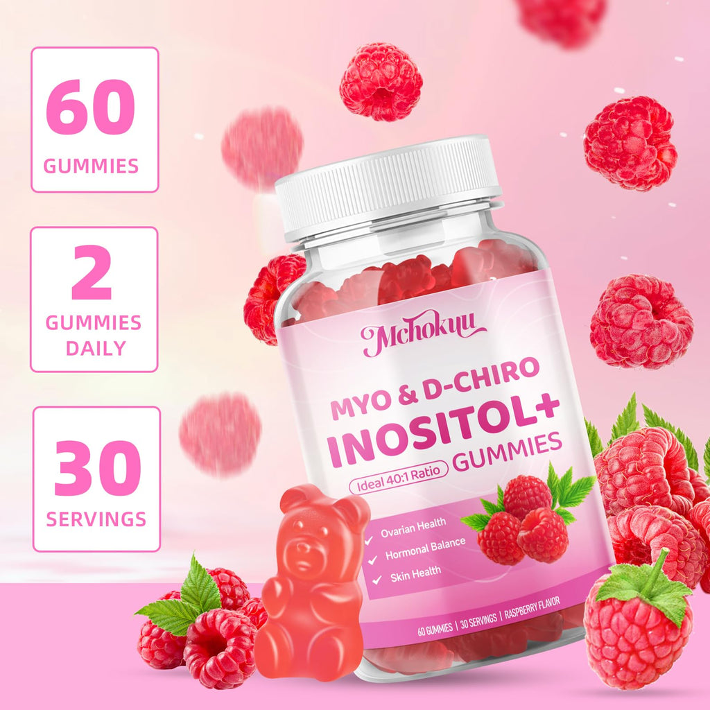 Mchokuu Myo-Inositol & D-Chiro Inositol Gummies – 40:1 Ratio, 2000mg/50mg, Vitamin D3, B12, Raspberry, Sugar Free, 60 Count
