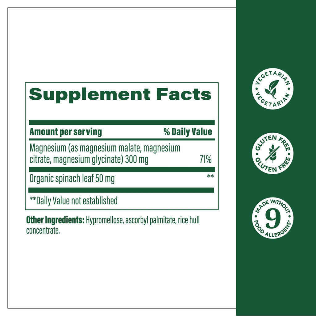 MegaFood Magnesium Glycinate, Citrate & Malate 300mg – Triple Magnesium Complex (60 Caps)