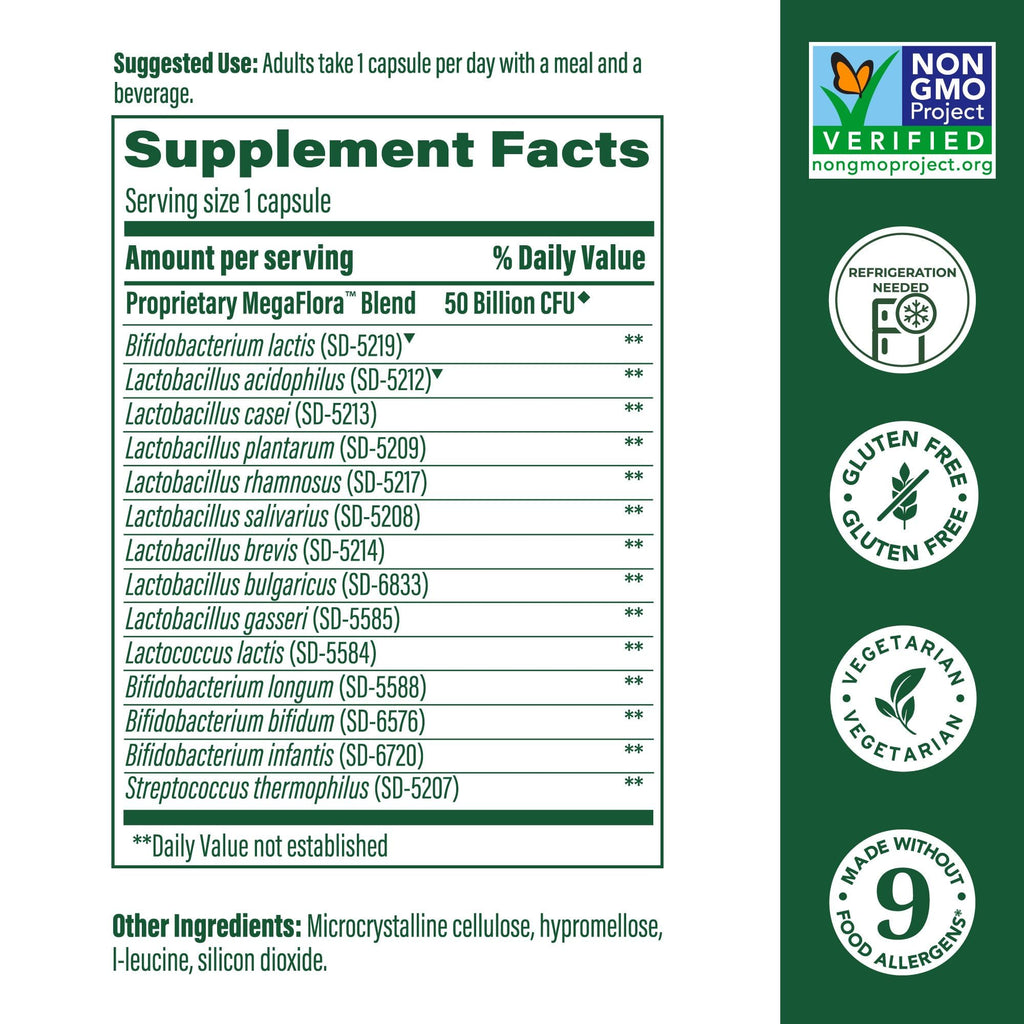 MegaFood MegaFlora Probiotic Plus – 50B CFU, 14 Strains | 30 Vegetarian Capsules