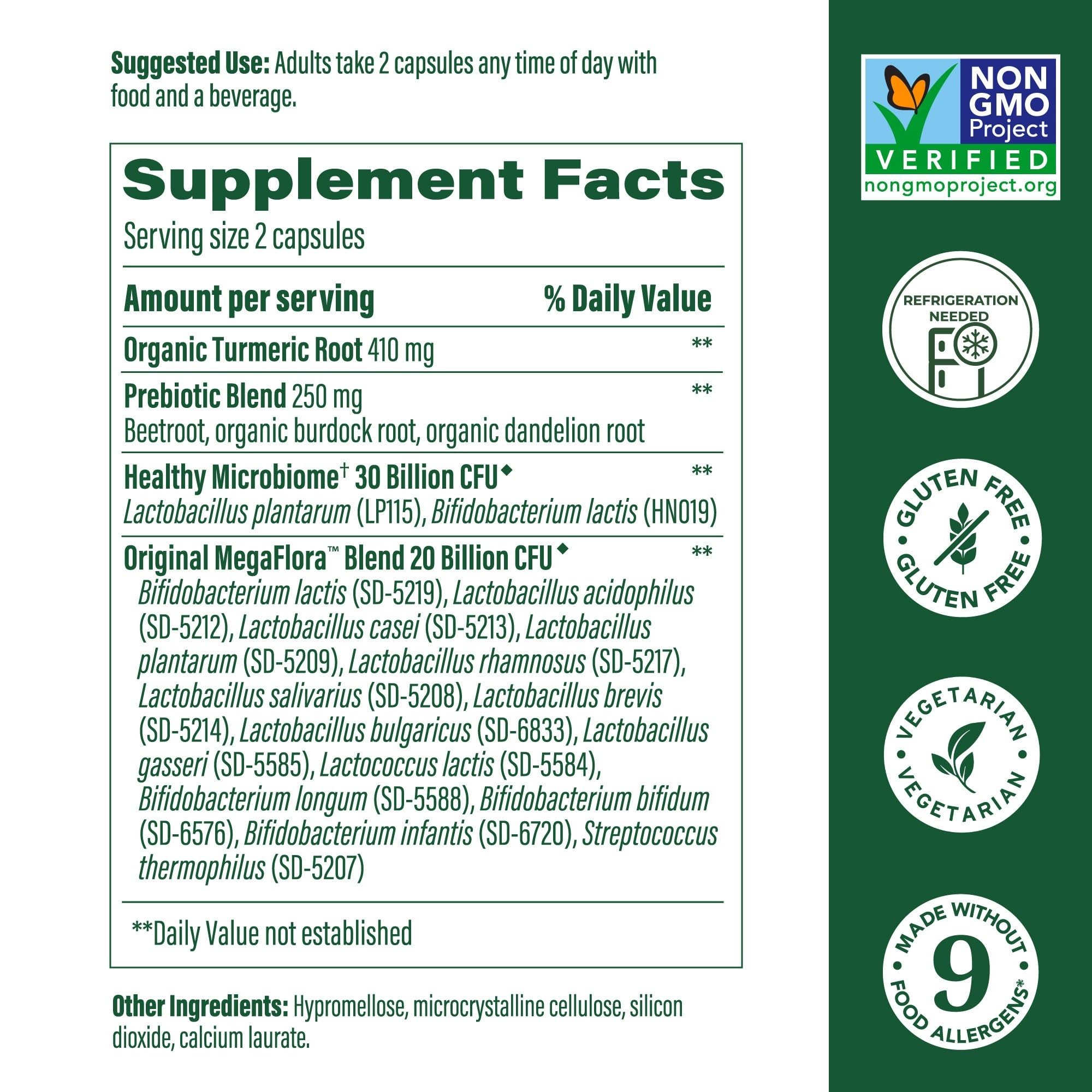 MegaFood MegaFlora Probiotics + Prebiotics Turmeric - Digestive Health, 50B CFU, 14 Strains, 60 Capsules