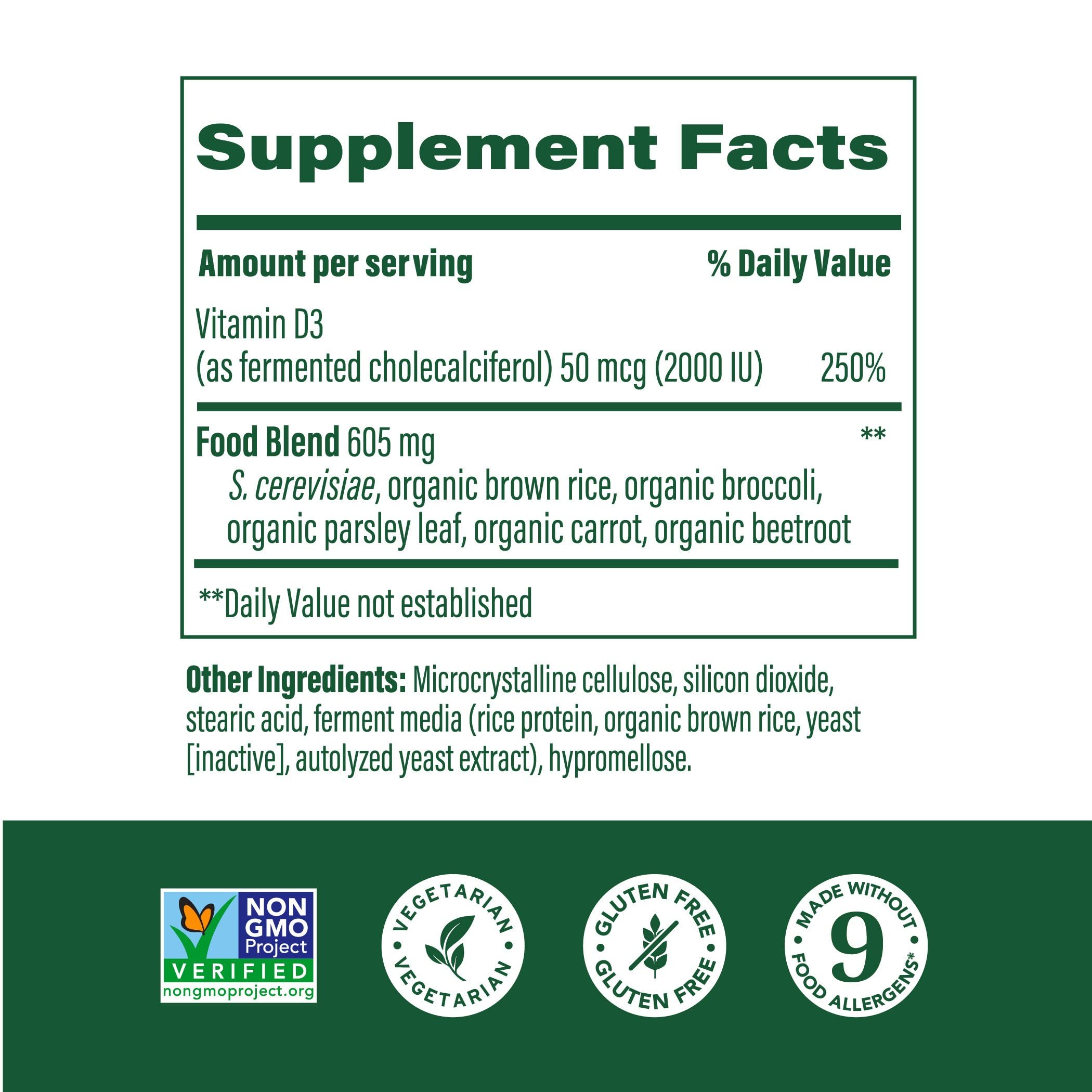 MegaFood Vitamin D3 2000 IU (50 mcg) – Real Food D3, Immune Support, Bones & Muscles, Vegetarian, Kosher, Non-GMO | 60 Tablets