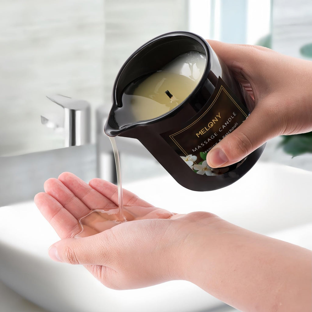 MELONY Luxury Massage Candle – Moisturising Body Oil for Relaxation (Jasmine & Patchouli)