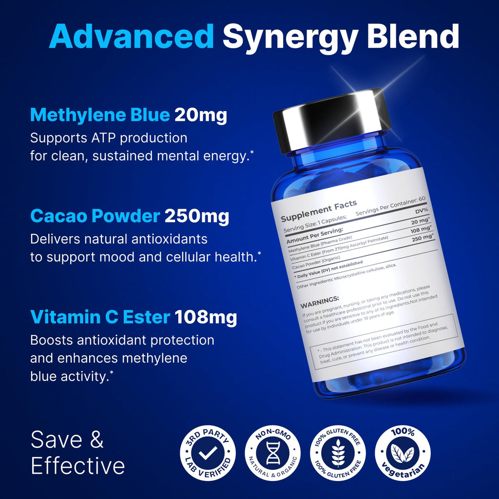 Ultimate Methylene Blue Capsules 20mg – Brain Focus & Energy, USA Made