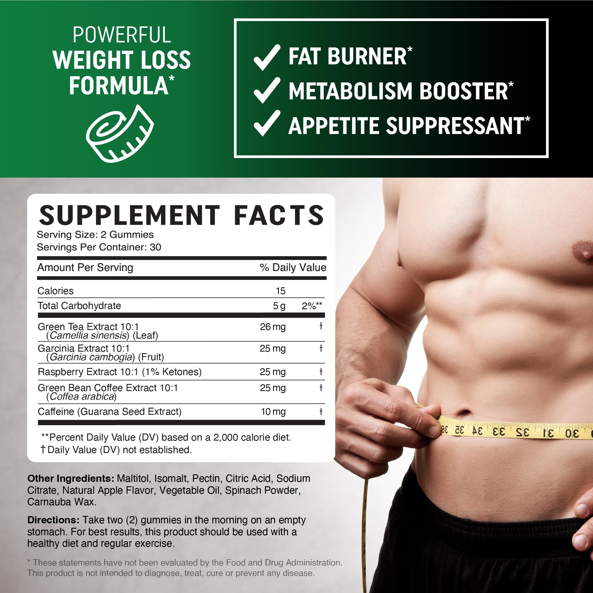 Men's Fat Burner Gummies for Weight Loss | Green Tea, Garcinia Cambogia & Ketones | Apple Flavor | 60 Gummies