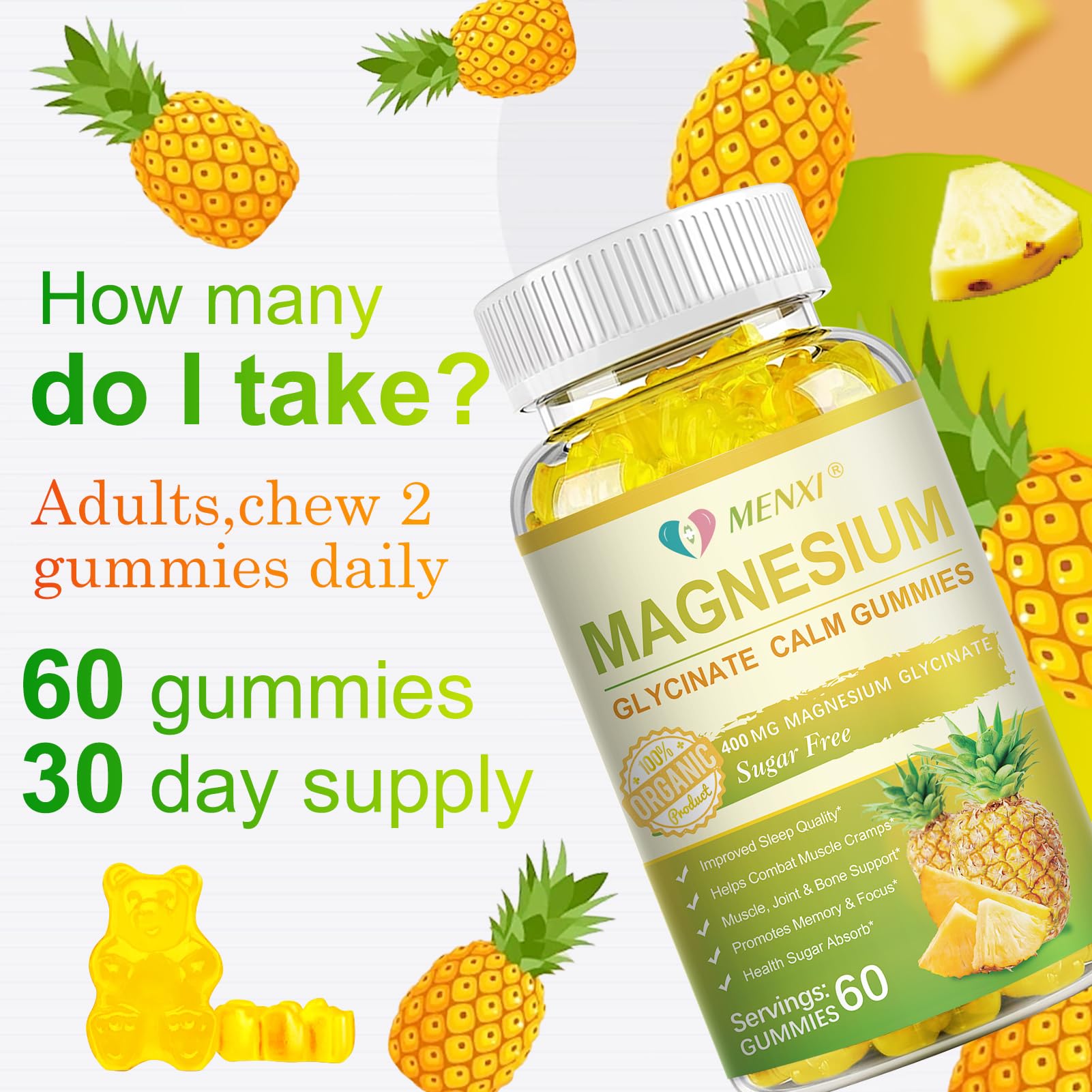 MENXI Magnesium Glycinate Gummies 400mg – Sugar Free Pineapple, Vitamin D, B6 & CoQ10 (120 Gummies)