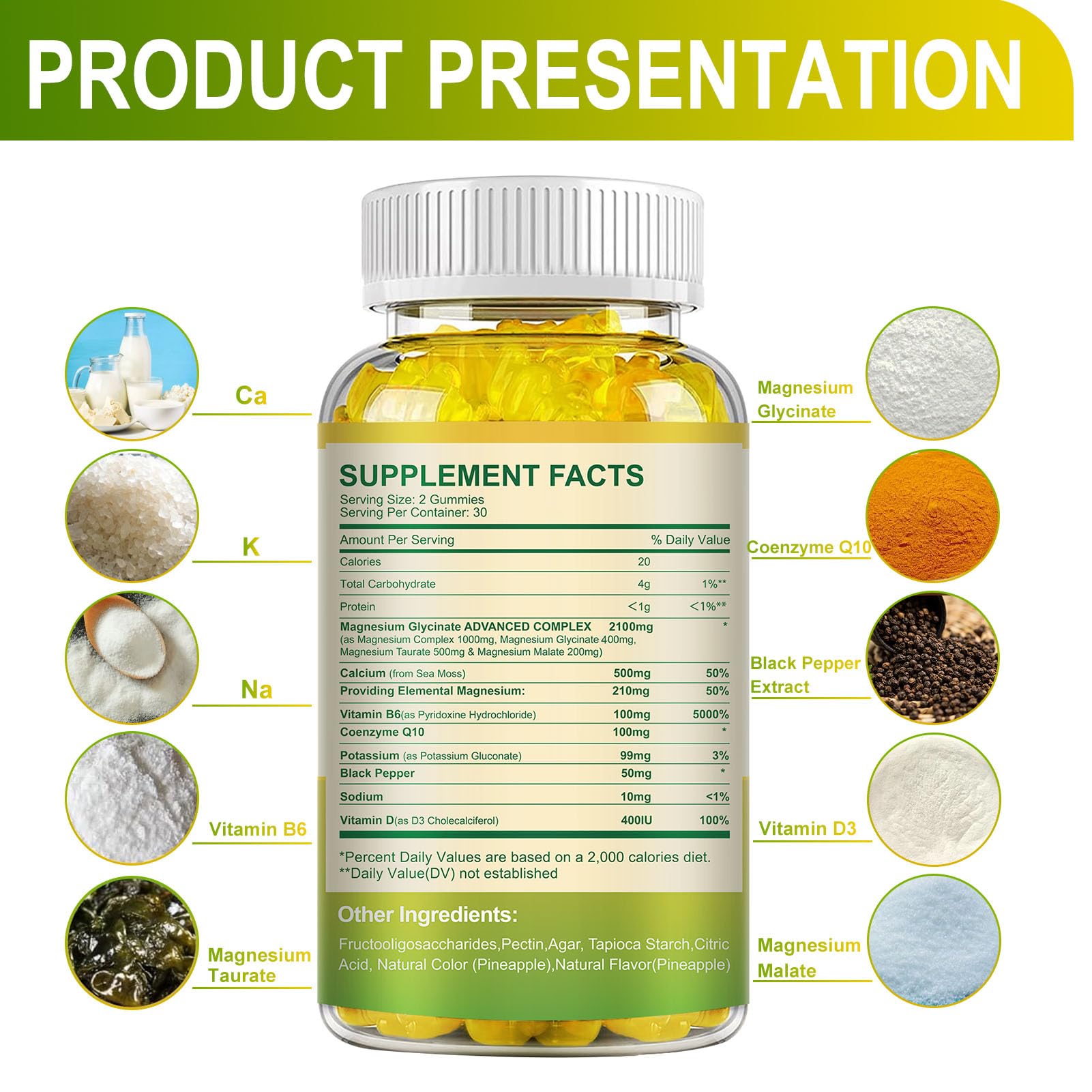 MENXI Magnesium Glycinate Gummies 400mg – Sugar Free Pineapple, Vitamin D, B6 & CoQ10 (120 Gummies)