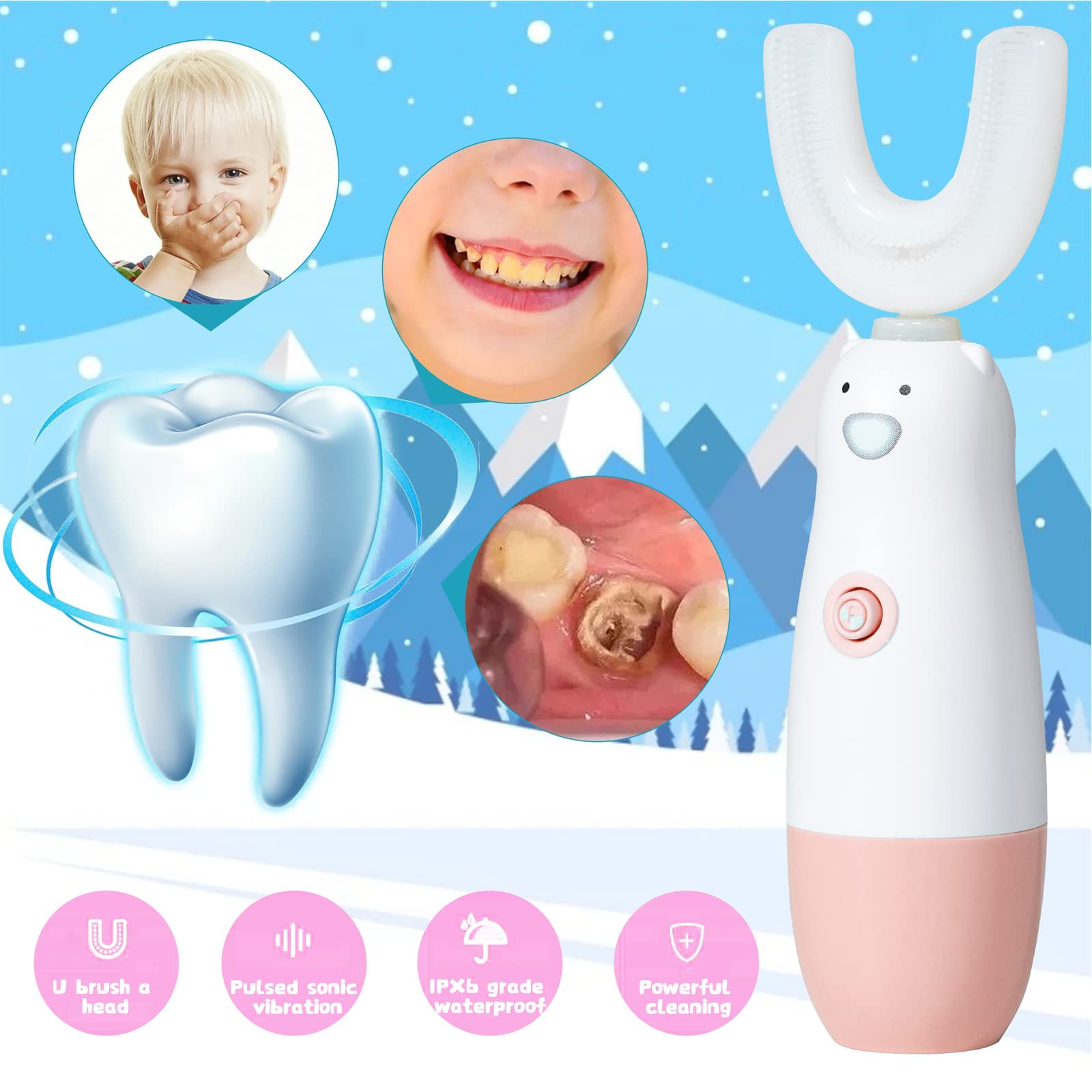 Meqtpomy Kids U-Shaped Electric Toothbrush – Waterproof, Battery-Powered 360° Sonic Brushing (8–13 yrs, Pink)
