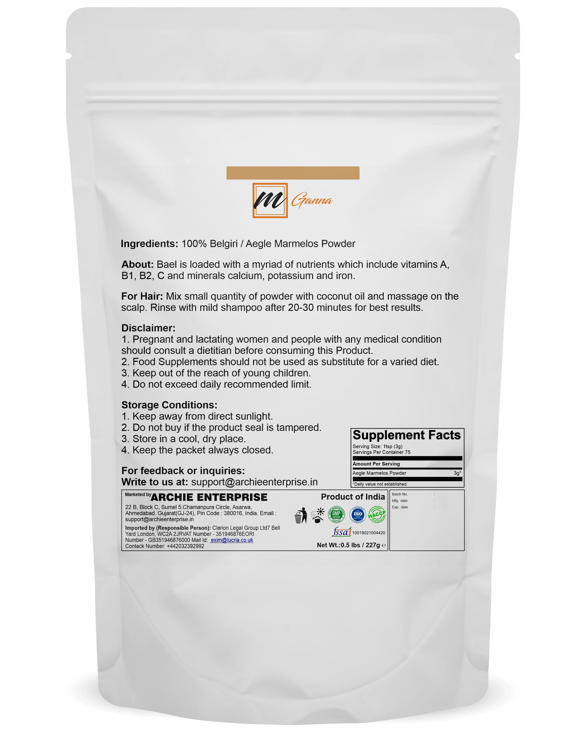 mGanna 100% Natural Belgiri | 227 GMS / 0.5 LBS | Aegle Marmelos | Bael powder | Wood Apple Powder for Health Care and Beauty