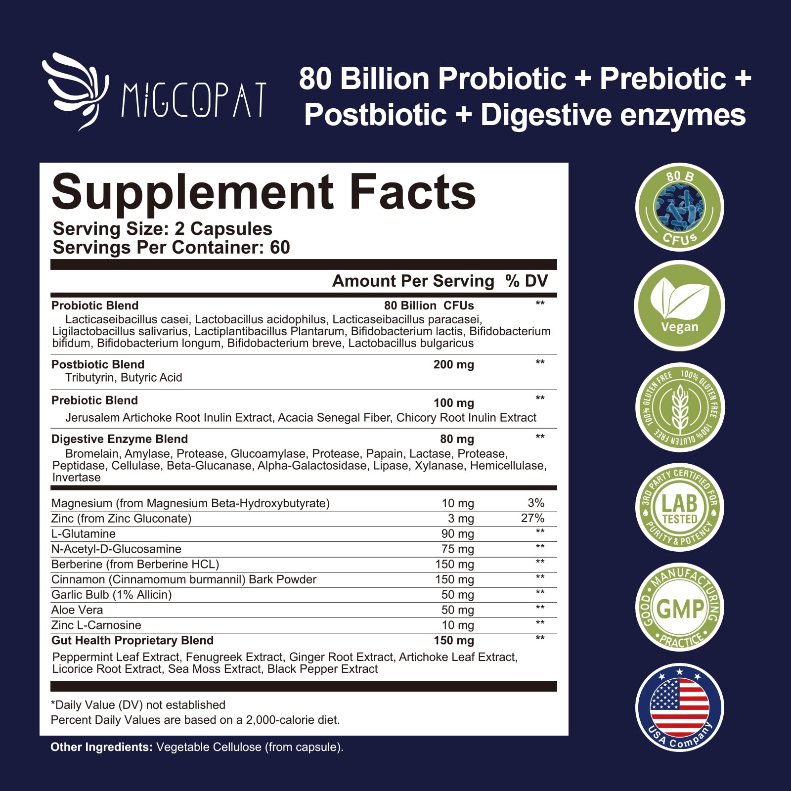 Migcopat Probiotics for Digestive Health – 80B CFU, Prebiotics, Postbiotics & Digestive Enzymes