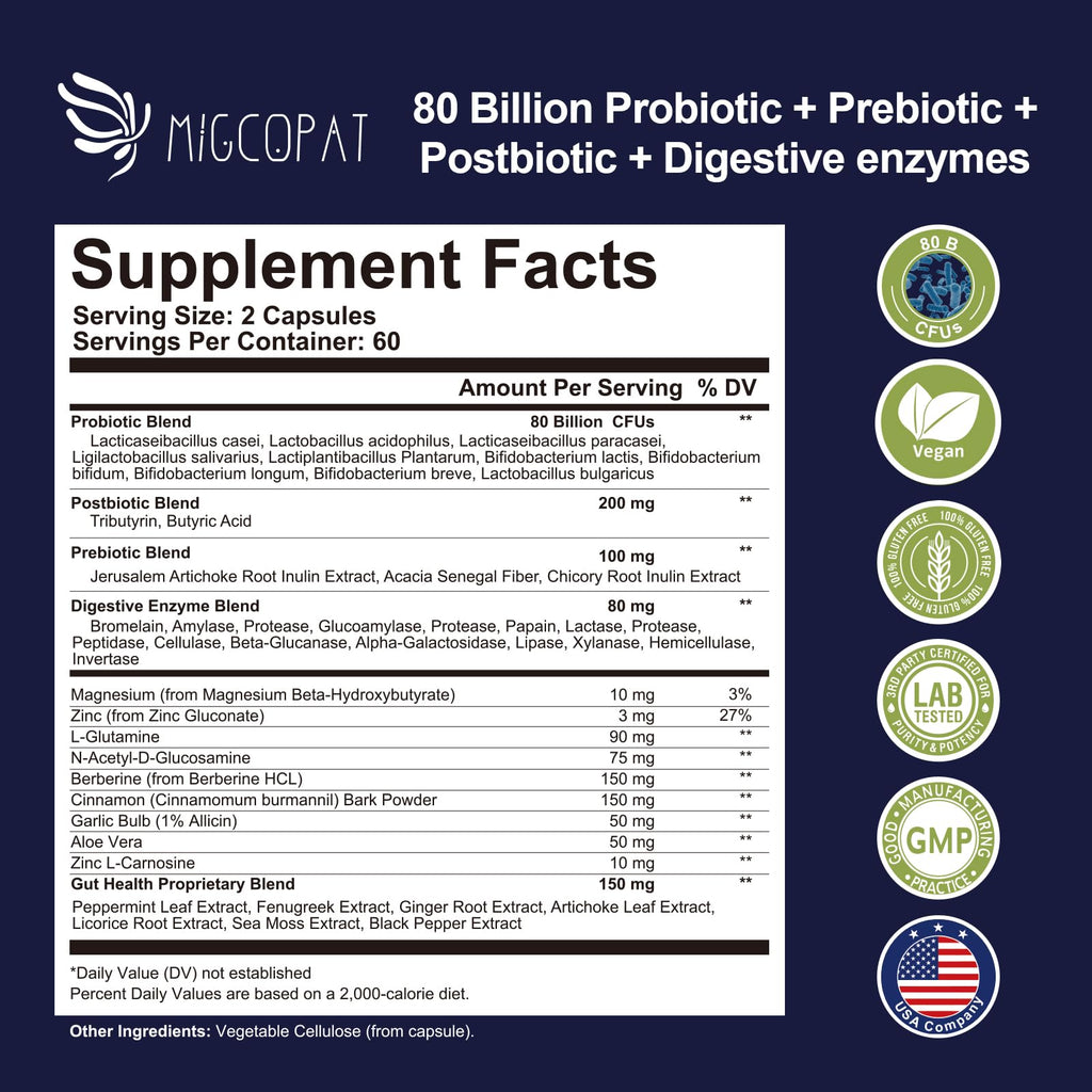 Migcopat Probiotic Prebiotic Postbiotic & Digestive Enzymes – 80B CFU, 120 Capsules