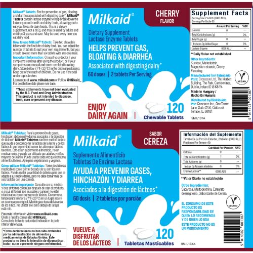 Milkaid Lactase Enzyme Chewable Tablets – Cherry, 120 Tablets | Lactose Intolerance Relief