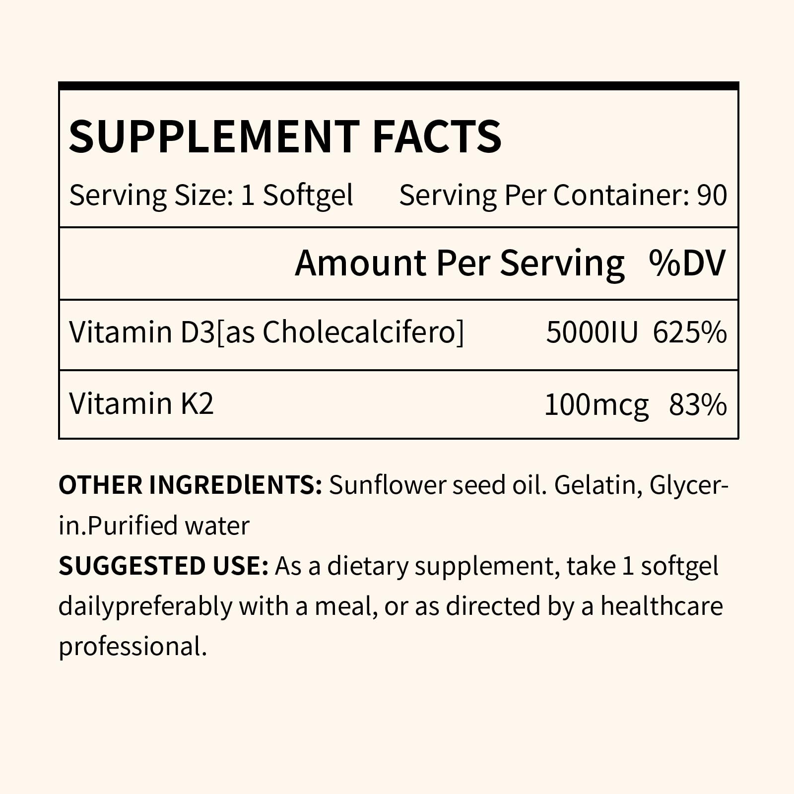 Miss Pep Vitamin D3 K2 5000 IU/100 mcg MK-7 – 90 Softgels with Sunflower Oil