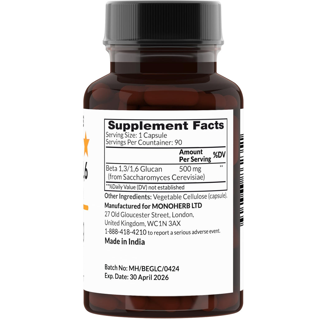 MONOHERB Beta 1,3/1,6 Glucan 500 mg - 90 Veg Capsules (Pack of 2) | 90 Servings
