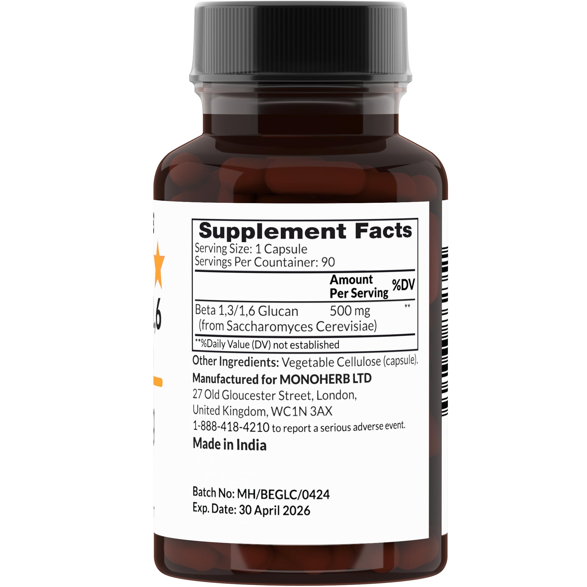 MONOHERB Beta 1,3/1,6 Glucan 500 mg per Capsule - 90 Veg Capsules (90 Servings)